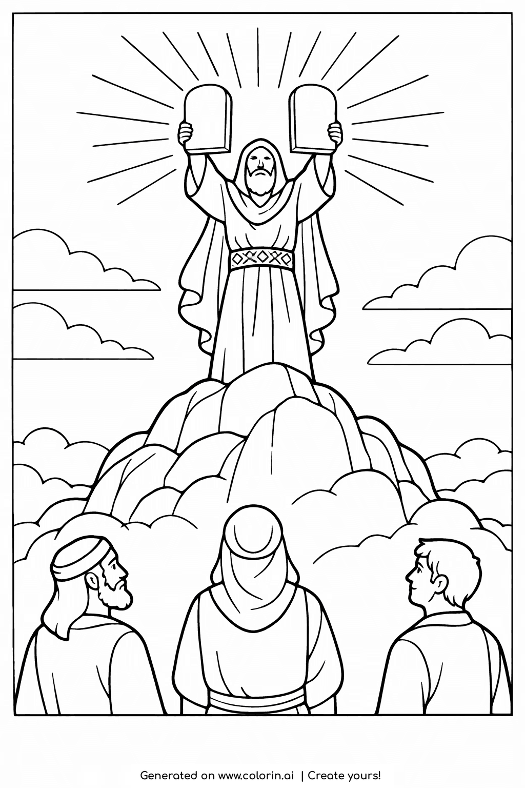 bible story coloring pages, Moses on the mountain lifting the two stone tablets with light rays and people below