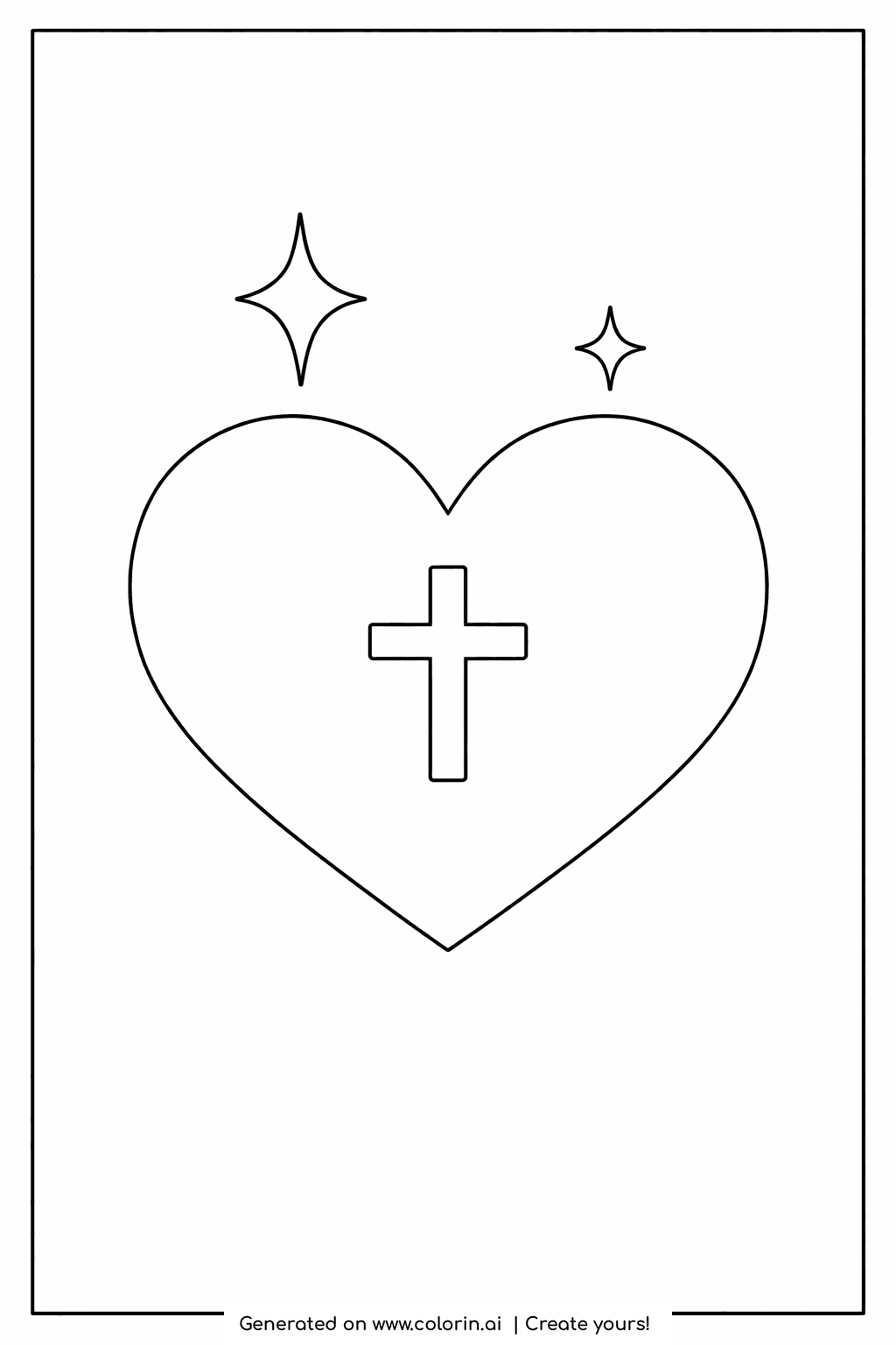 easy bible verse coloring pages, one big heart with a small cross inside and two sparkles