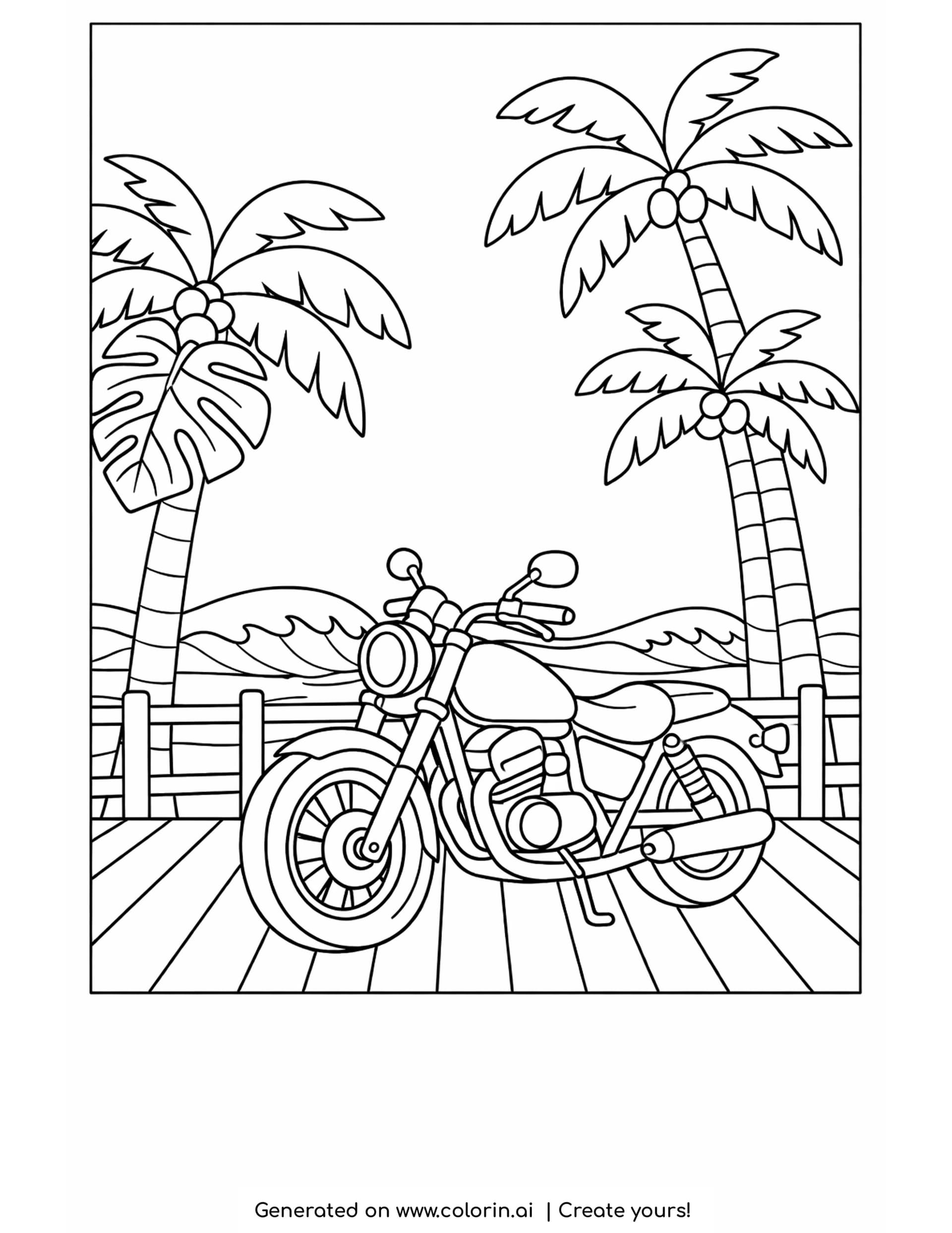 motorcycle at the beach coloring pages - motorcycle parked on a boardwalk with tall palms rising above and waves behind