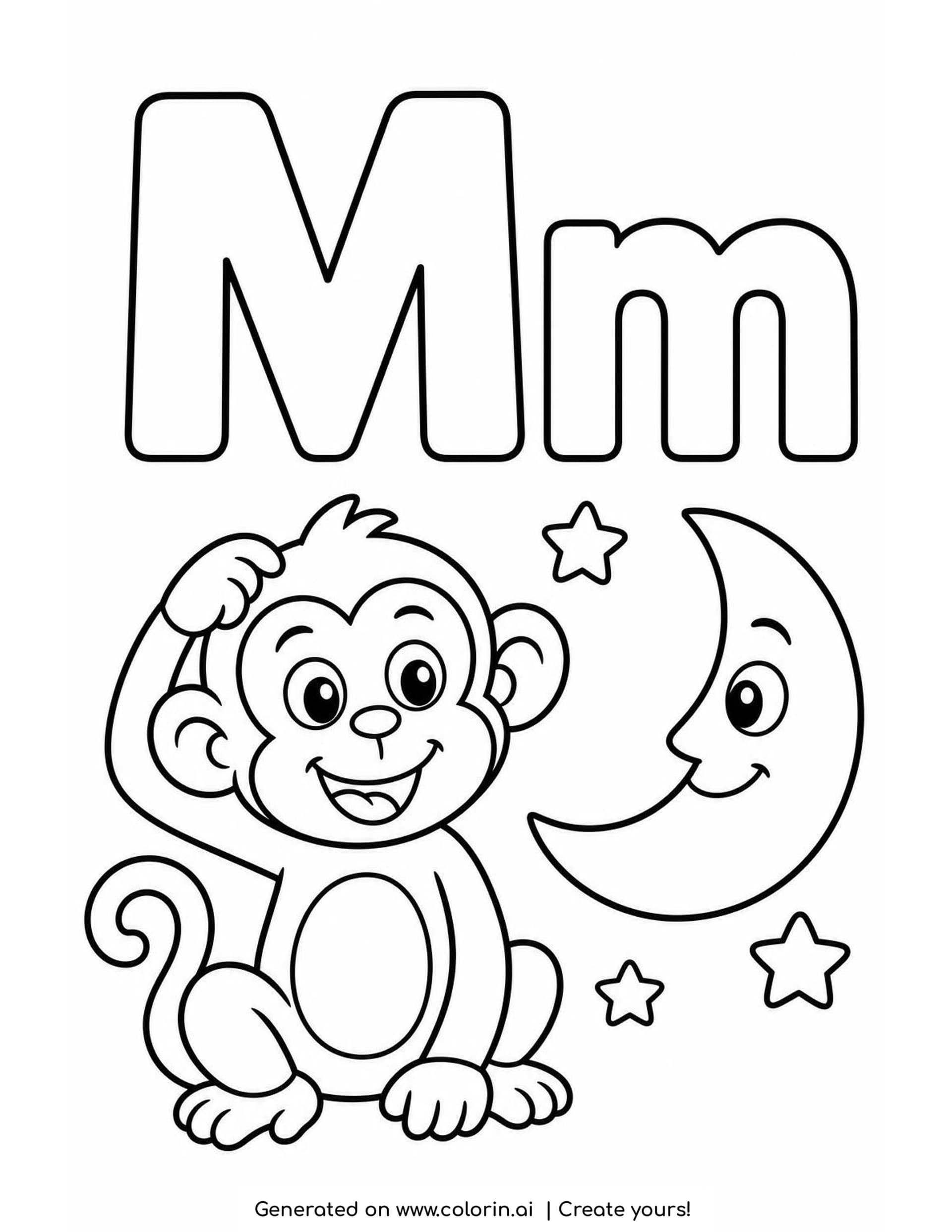 A letter M coloring page with a big hollow M and m, a smiling monkey with one hand on its head and a crescent moon with a face and three stars
