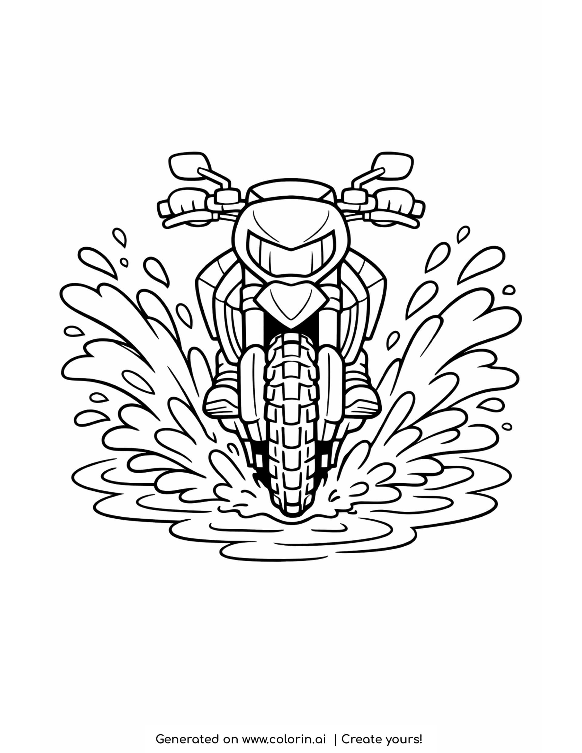 dirt bike in the mud coloring pages - dirt bike splashing through a muddy puddle with arcs of water on both sides