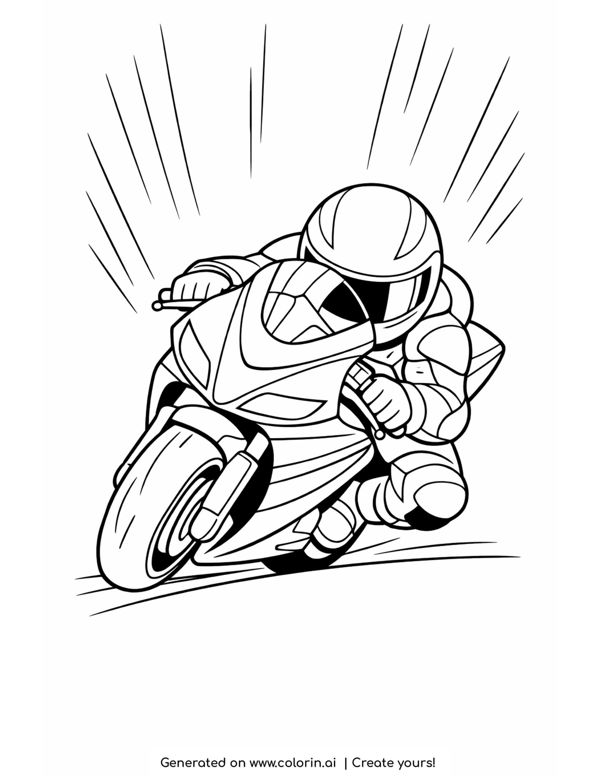 sport bike coloring pages - sport bike leaning into a turn with the rider tucked low and speed lines fanning out