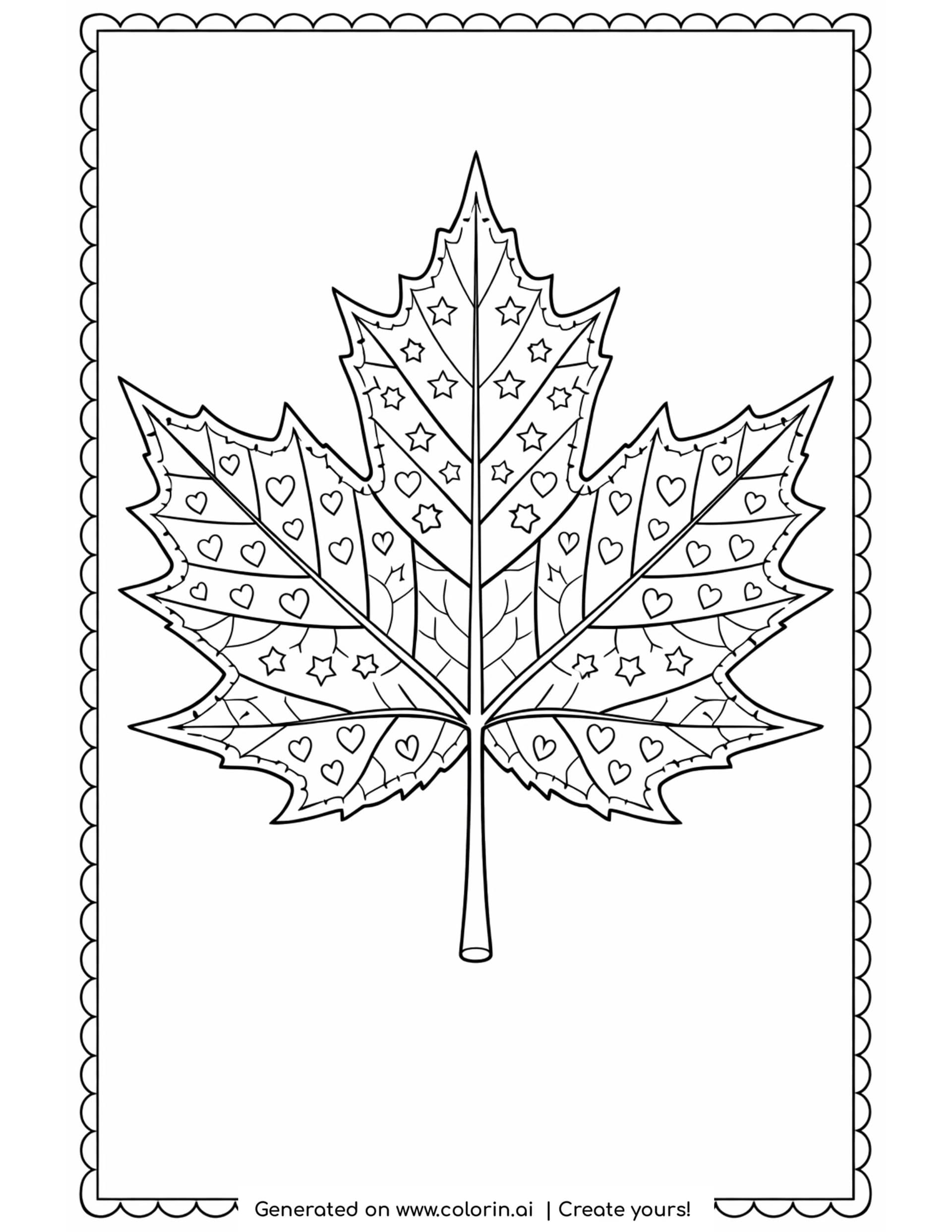 thanksgiving coloring pages for adults, a large maple leaf filled with intricate vein patterns inside a scalloped border