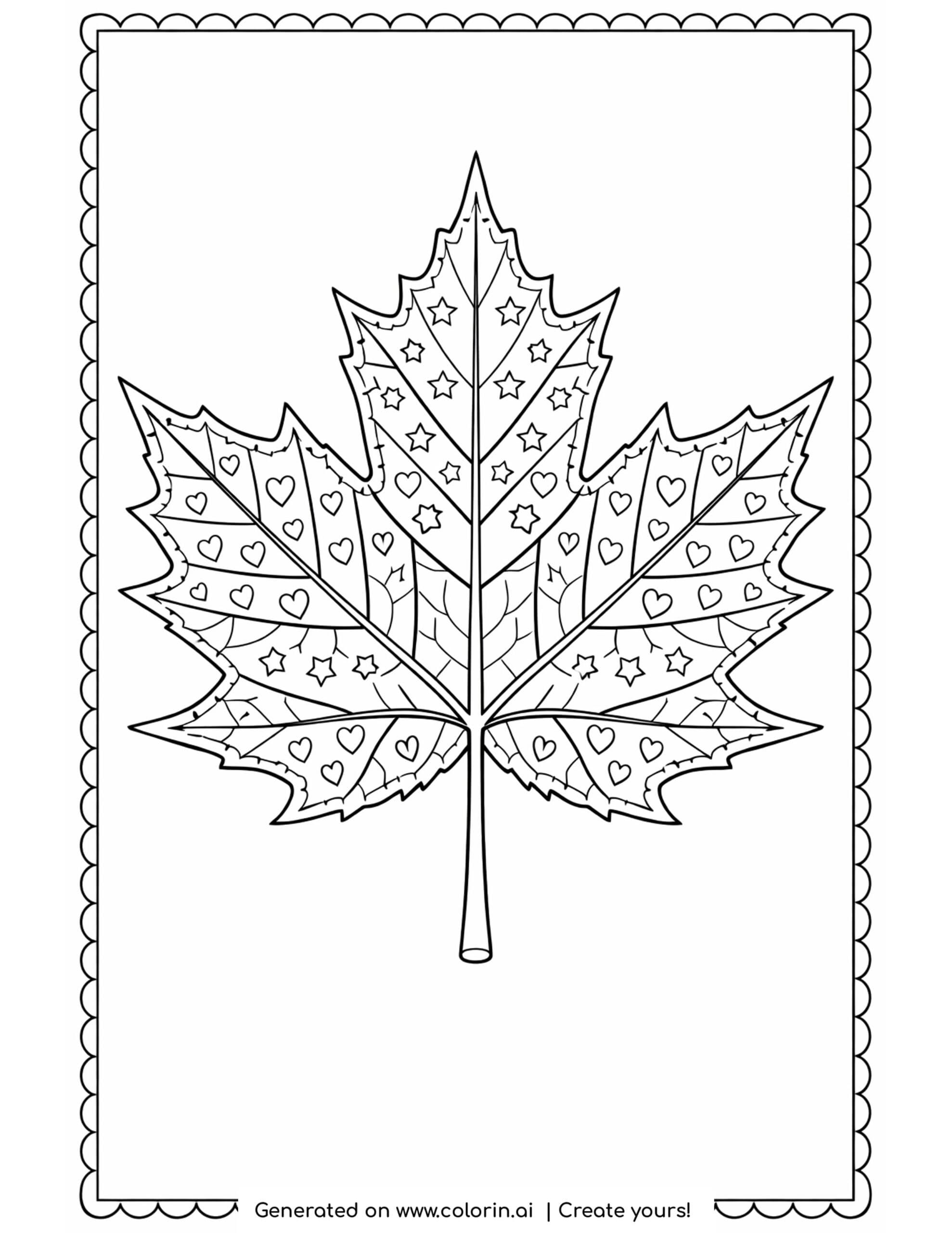 thanksgiving coloring pages for adults, a large maple leaf filled with intricate vein patterns inside a scalloped border