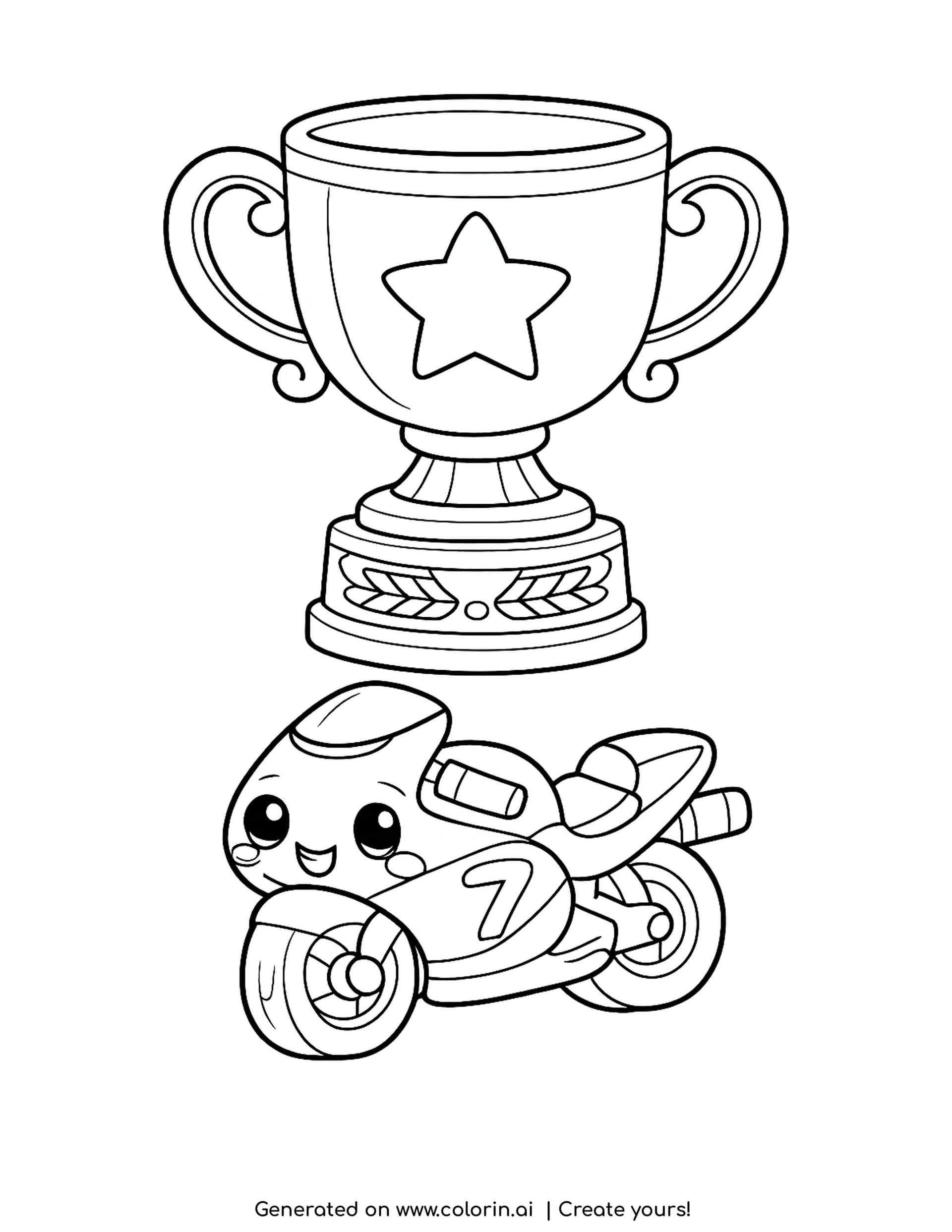 trophy coloring pages - tall winner's cup with curled handles and a star, above a small smiling racing motorcycle
