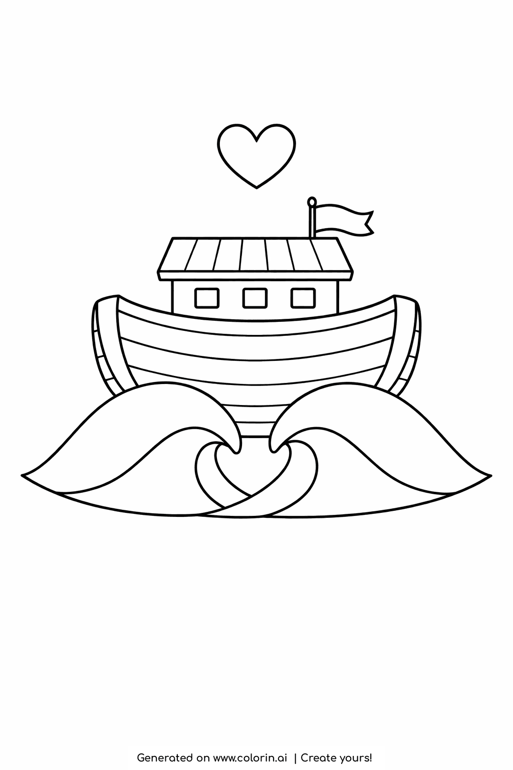 preschool bible coloring pages, a simple little ark boat with a cabin and flag riding one big wave