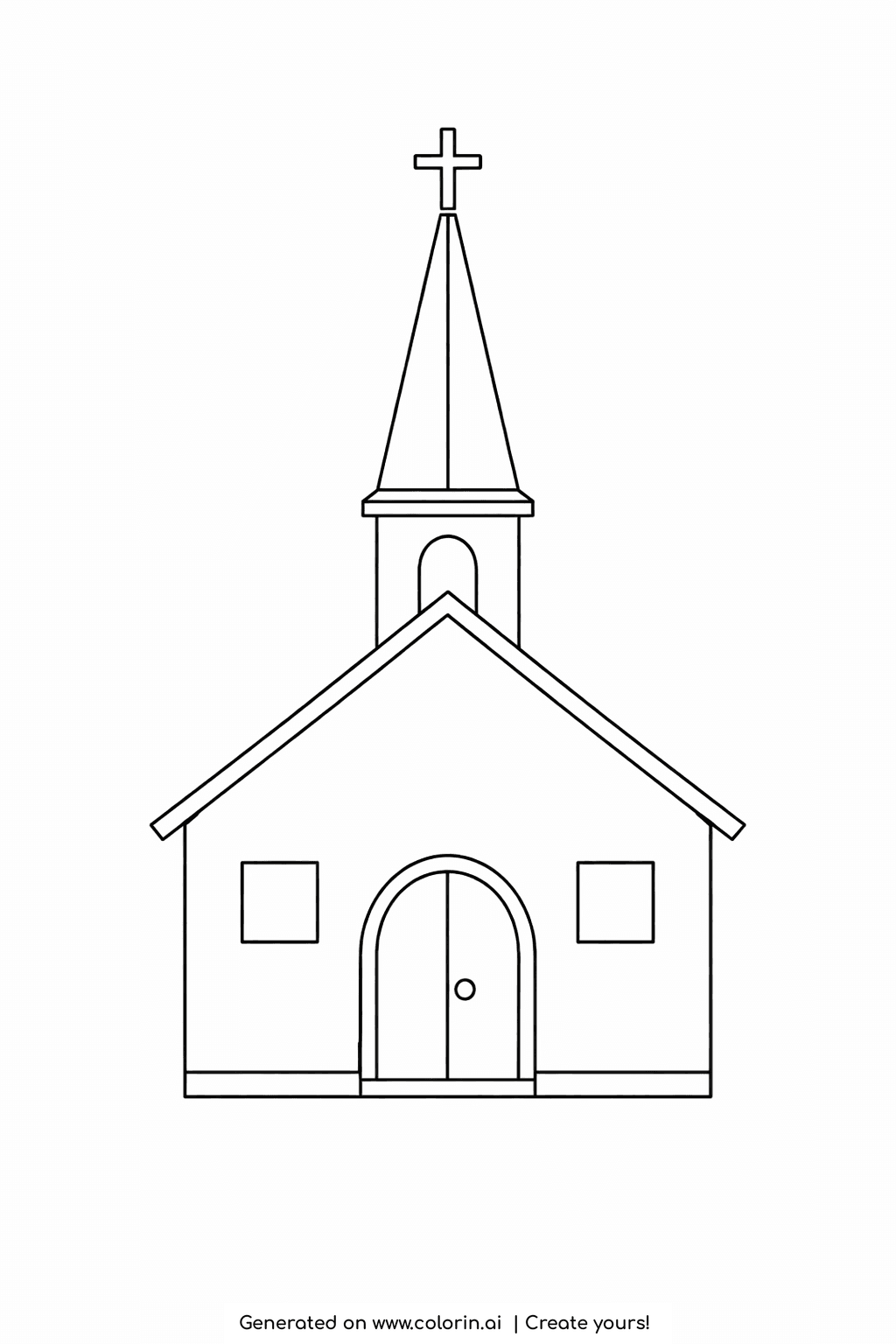 printable bible coloring pages, a simple church building with a tall steeple, a cross, windows, and a door