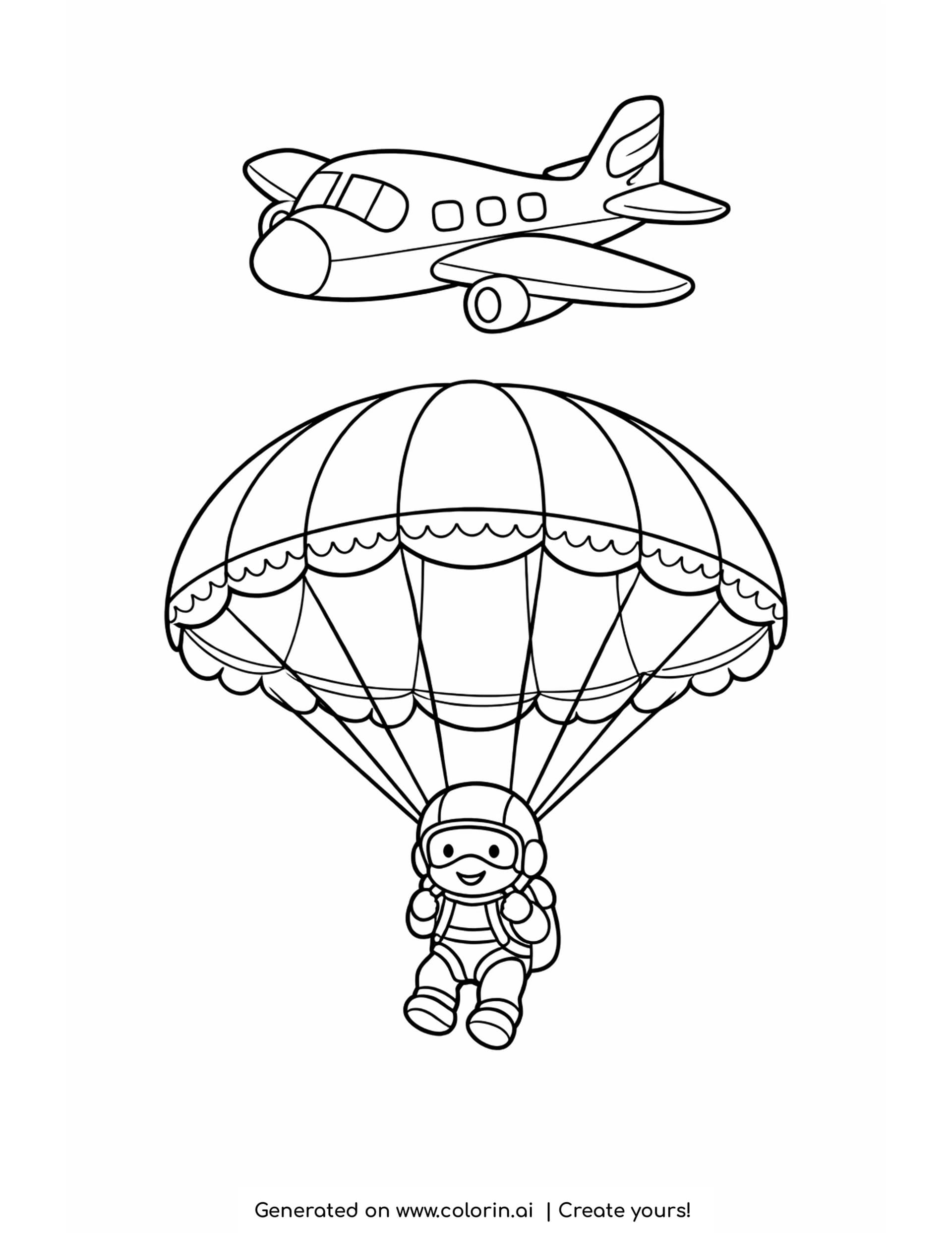 parachute coloring pages — round panelled parachute with a smiling jumper below and a small plane above