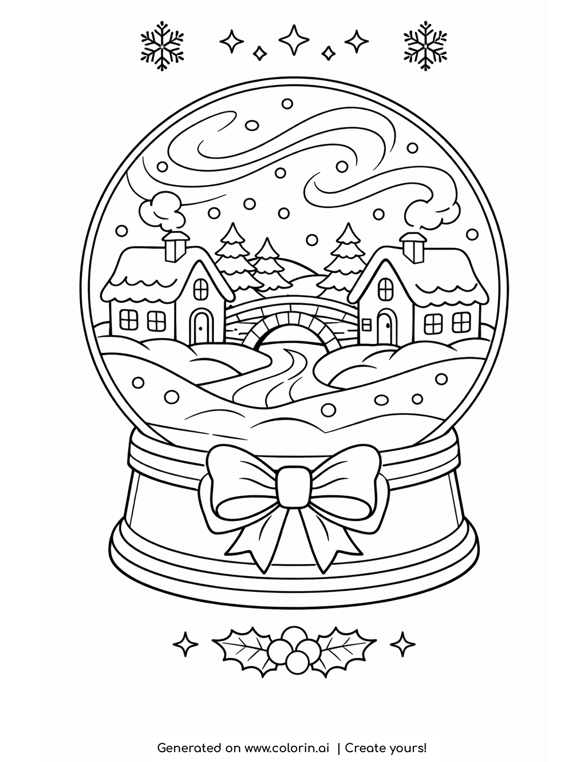 snow globe coloring pages, a snow globe holding a small village with houses and a bridge
