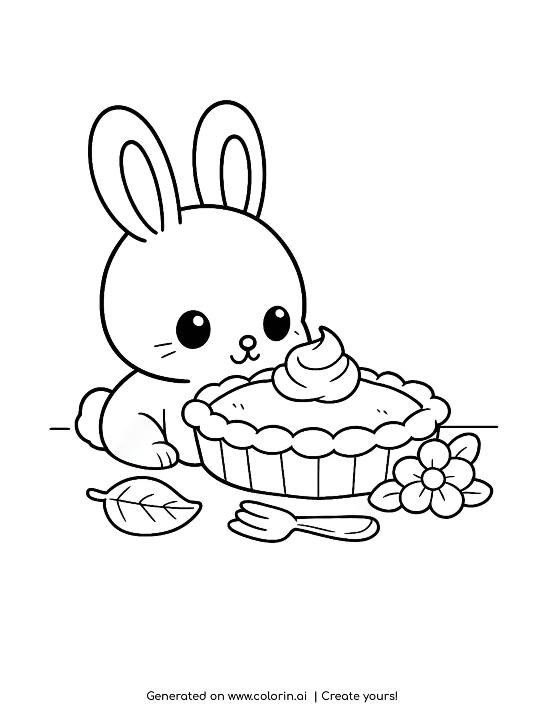 cute thanksgiving coloring pages, a soft bunny sitting beside a pumpkin pie with whipped cream and a fork