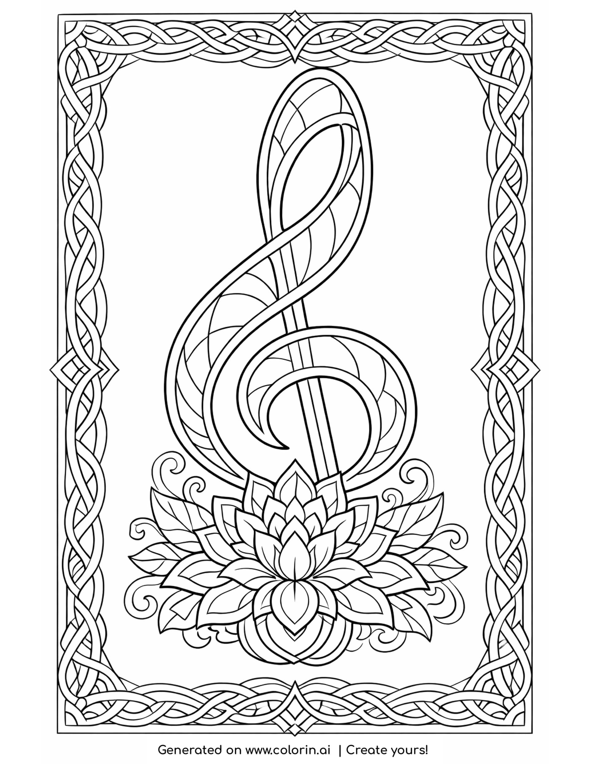 patterned treble clef coloring pages - a tall treble clef of fanned panels resting on a lotus flower inside a braided knotwork border