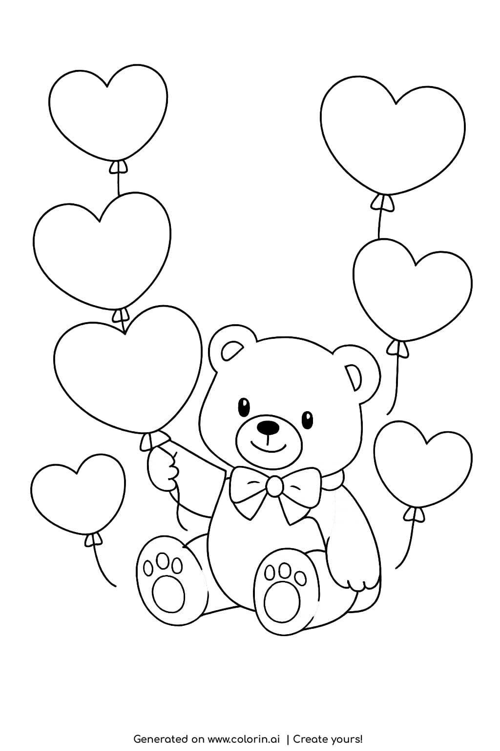 teddy bear holding heart balloons coloring page with a smiling bear and floating heart shaped balloons coloring page