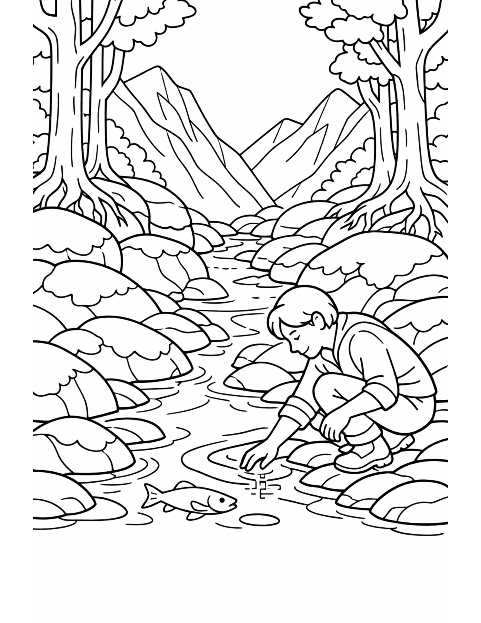 boy touching stream fish coloring page with a child crouching by a rocky creek between tall trees coloring page