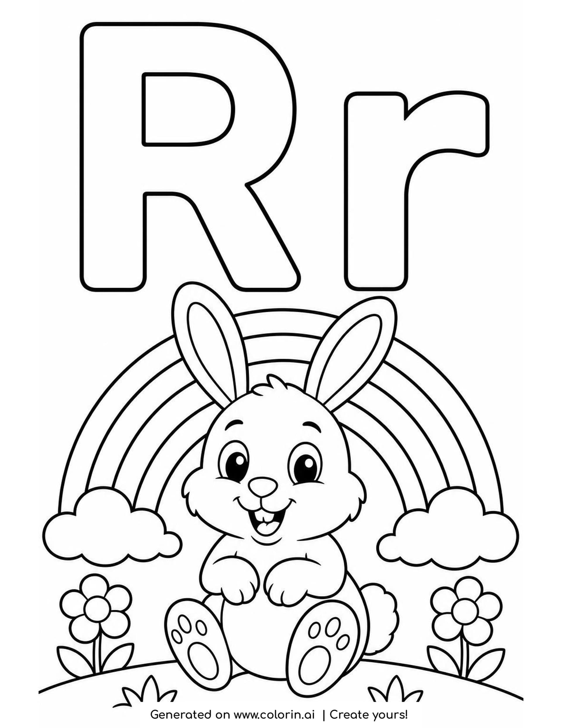 A letter R coloring page with a big hollow R and r above a smiling rabbit sitting in front of a rainbow with clouds and two flowers