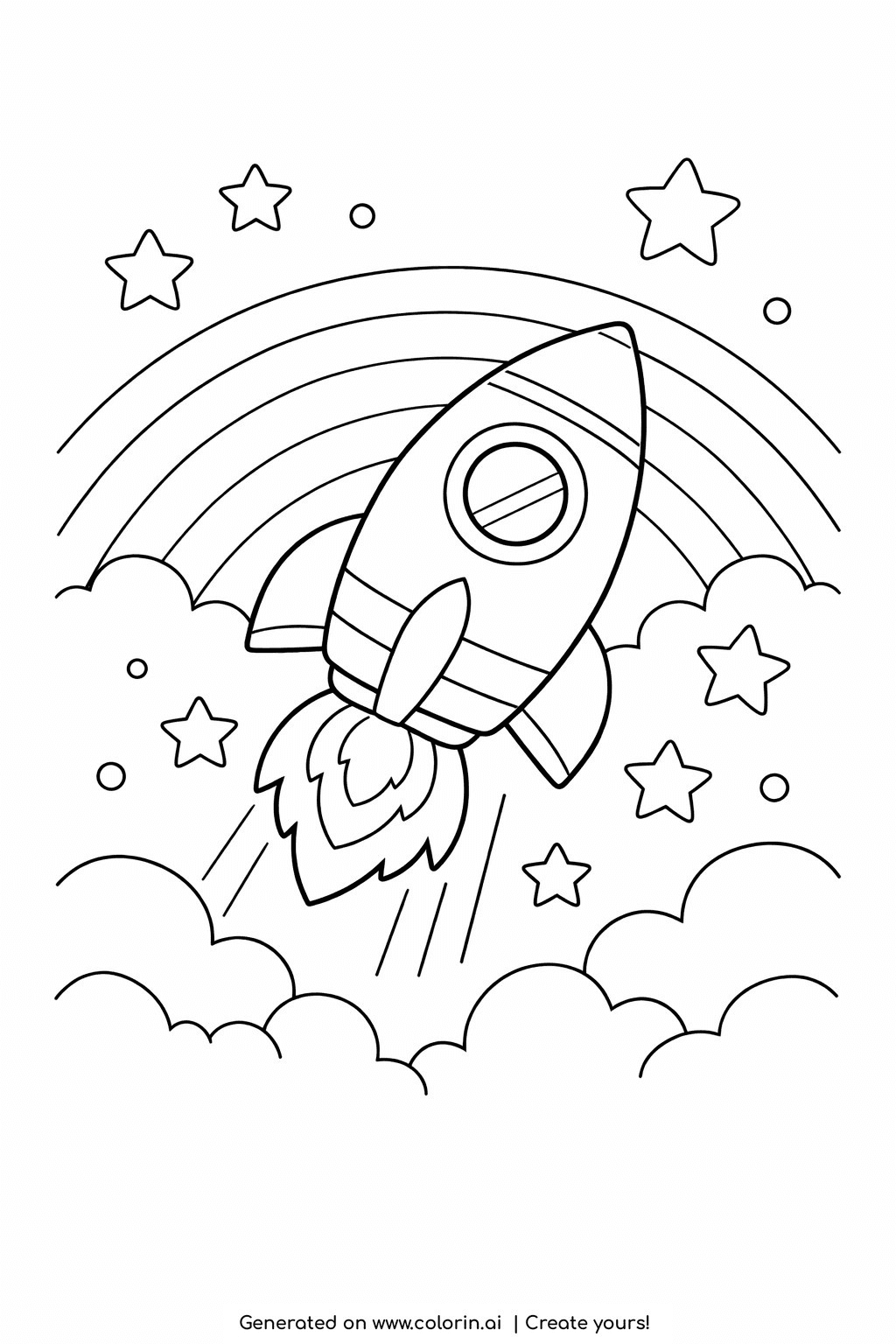 printable rainbow coloring pages, a rainbow arching across the sky behind a rocket zooming up through stars and clouds