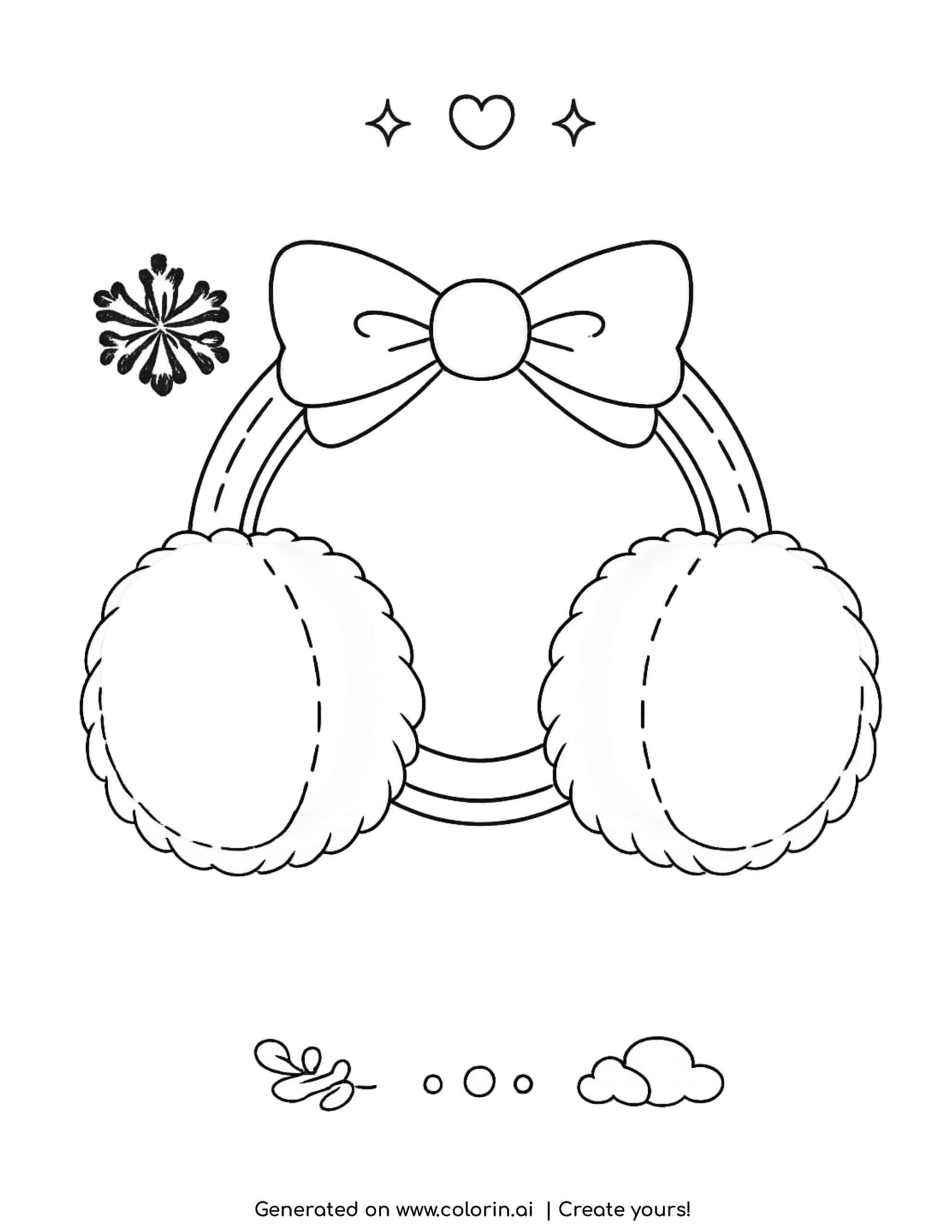 Free winter clothes coloring pages: a pair of fuzzy earmuffs with a bow and a snowflake. Download the instant PDF, cute and easy to color.