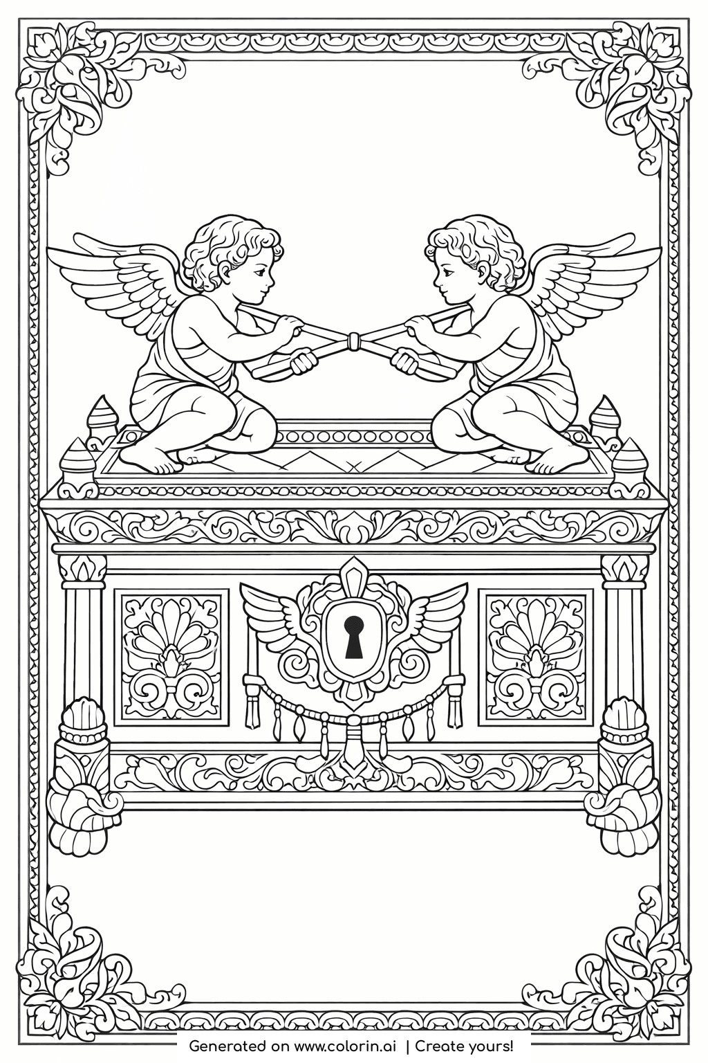 adult bible coloring pages, the golden Ark of the Covenant with two winged cherubim on the lid in an ornate frame