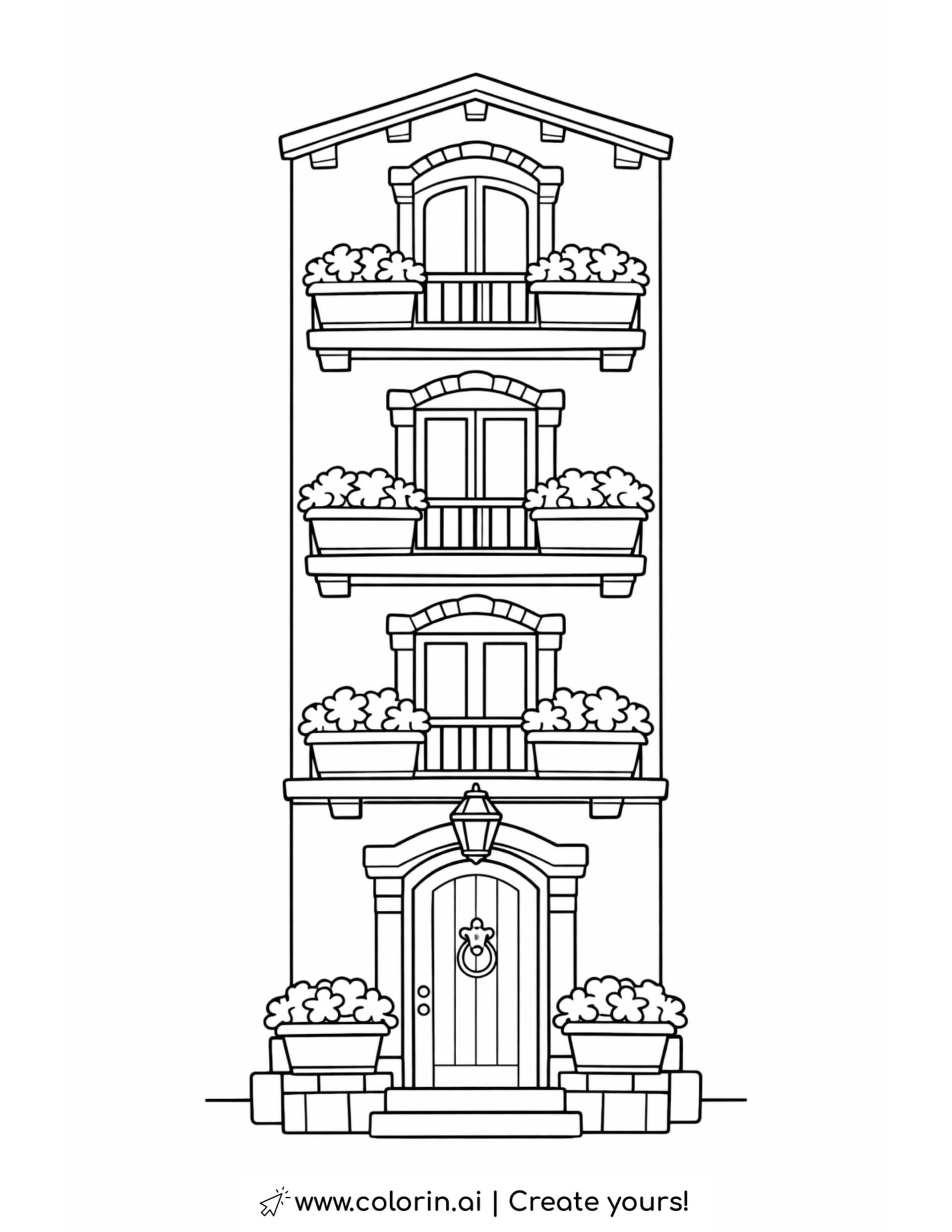 three story house with balconies coloring page with flower boxes and arched door coloring page
