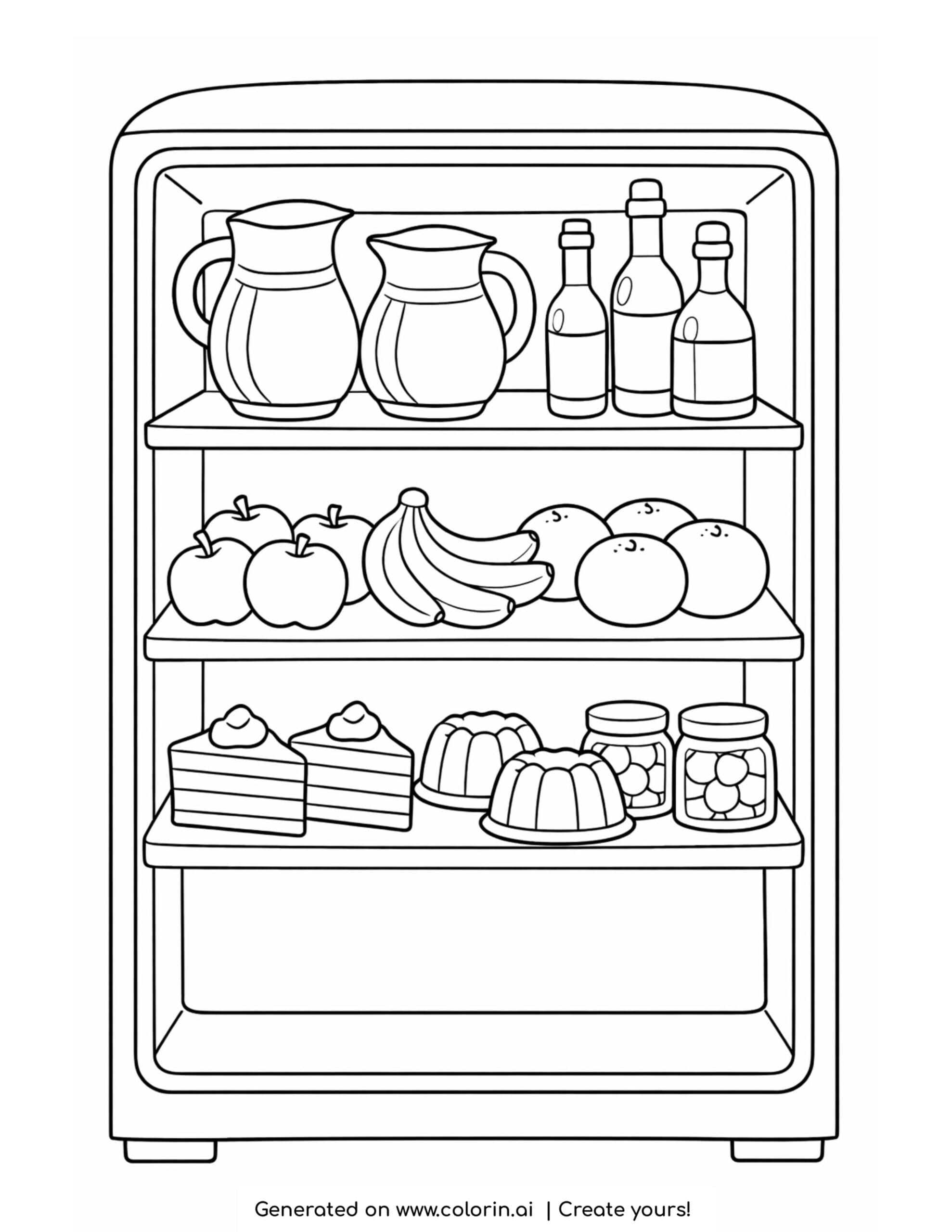 open refrigerator with fruits drinks desserts and jars coloring page