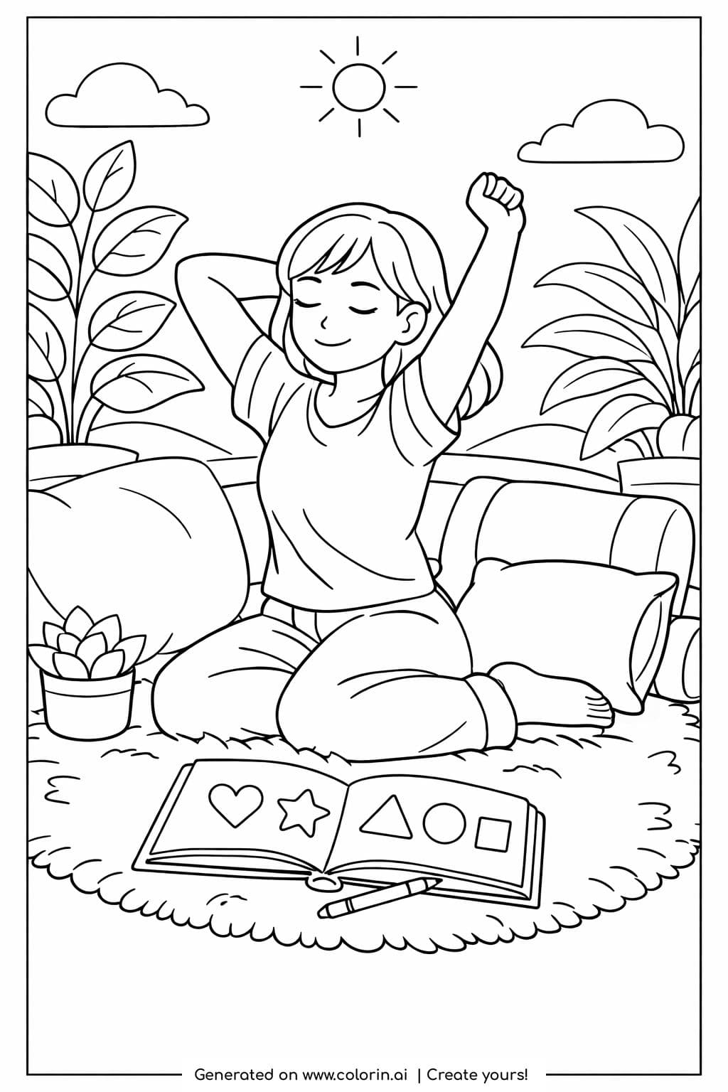 woman stretching on rug coloring page showing a relaxed woman on a soft rug with cushions and plants coloring page
