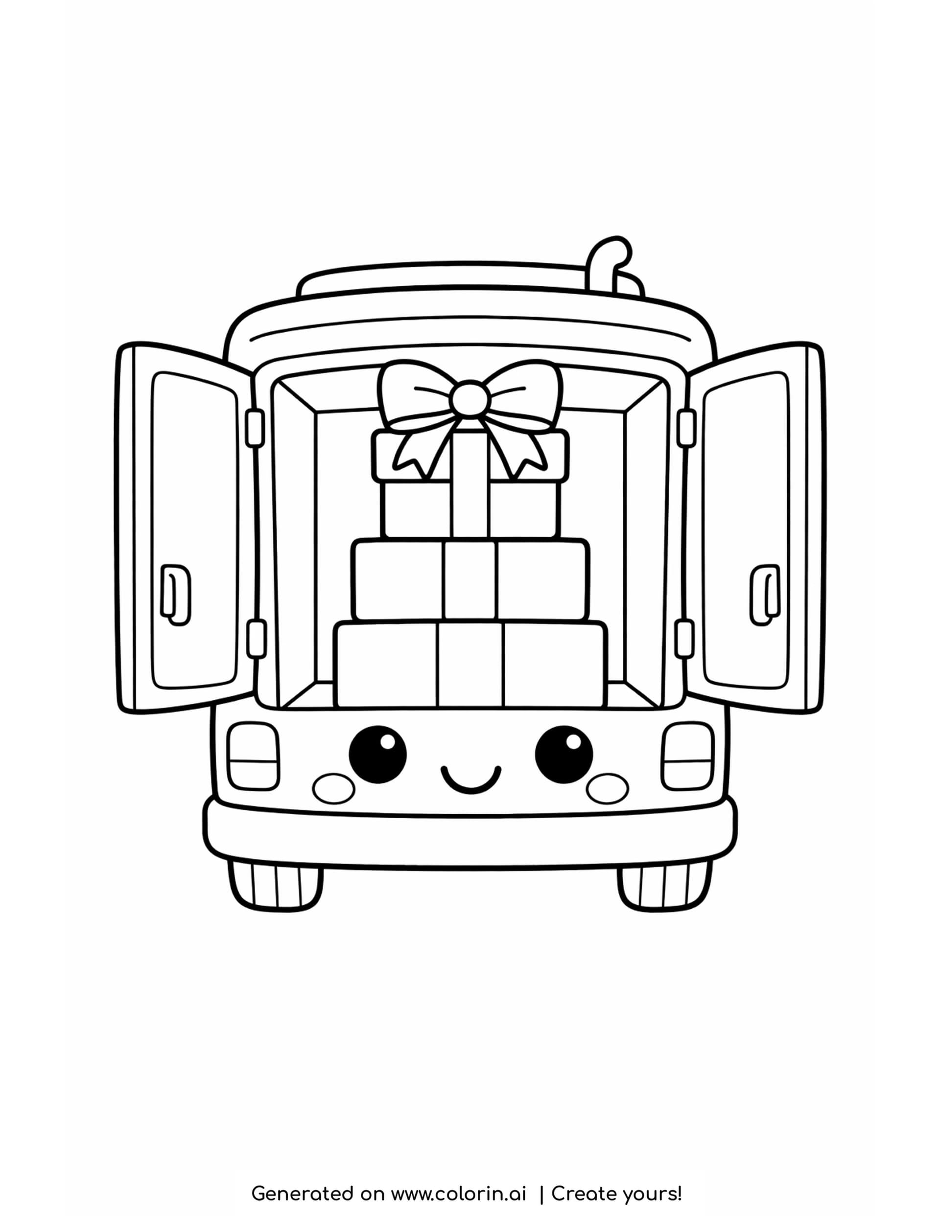 truck coloring pages, a cute delivery truck seen from behind with open doors and parcels stacked inside topped by a gift with a bow