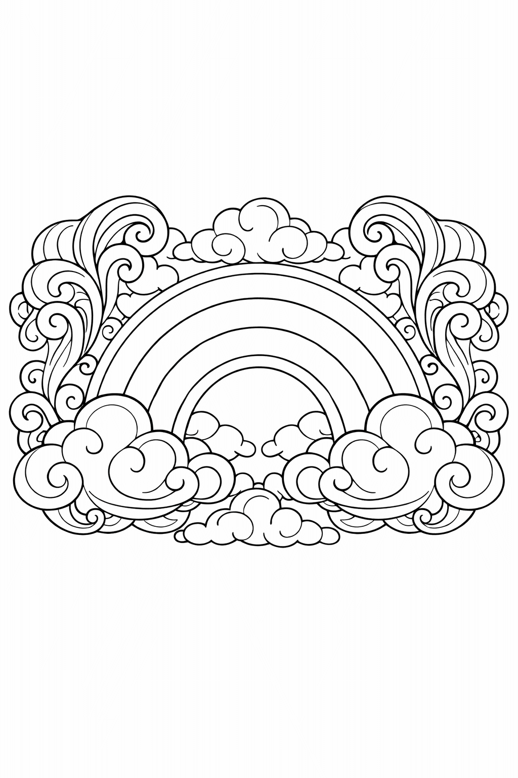 rainbow coloring pages for adults, a rainbow framed by ornate detailed swirling clouds with fine decorative curls
