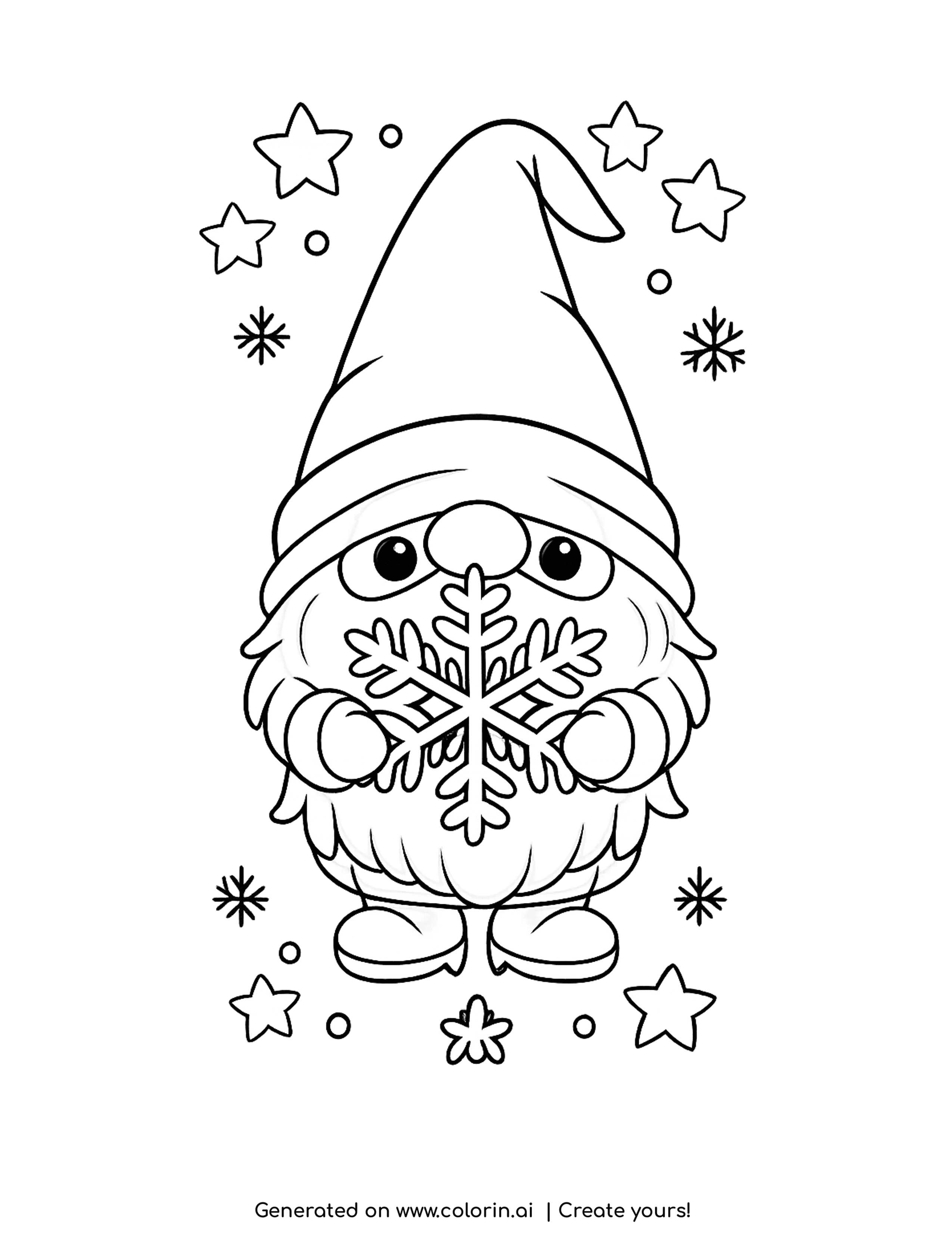 winter gnome coloring pages, a cute gnome in a tall hat holding a large snowflake