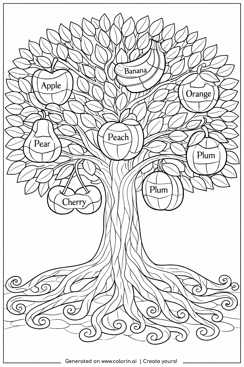 bible coloring pages for adults, tall tree of life full of round fruit with birds in the branches and swirling roots