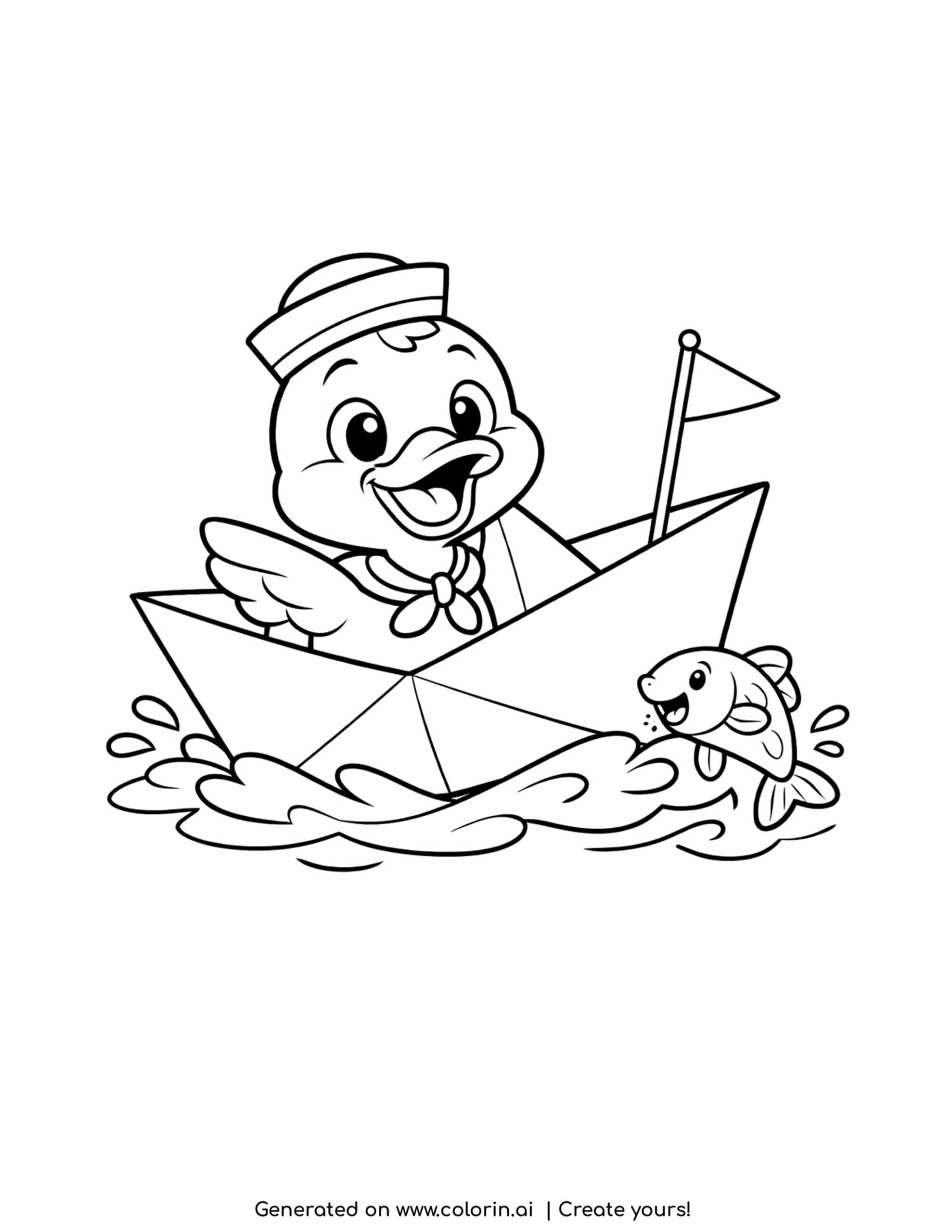 duck riding paper boat coloring page with jumping fish