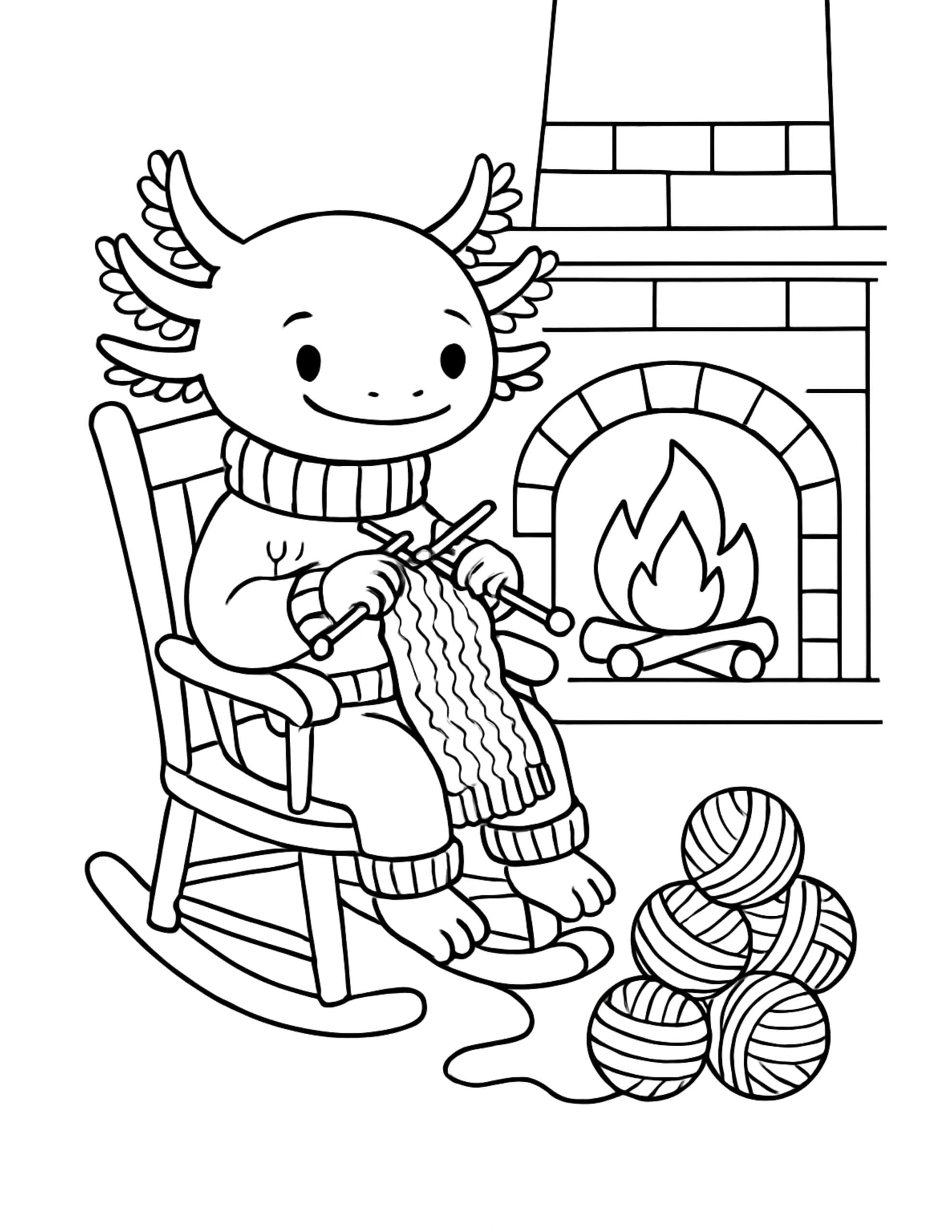 axolotl knitting by fireplace coloring page with a smiling axolotl in a sweater, knitting in a rocking chair by a fire coloring page