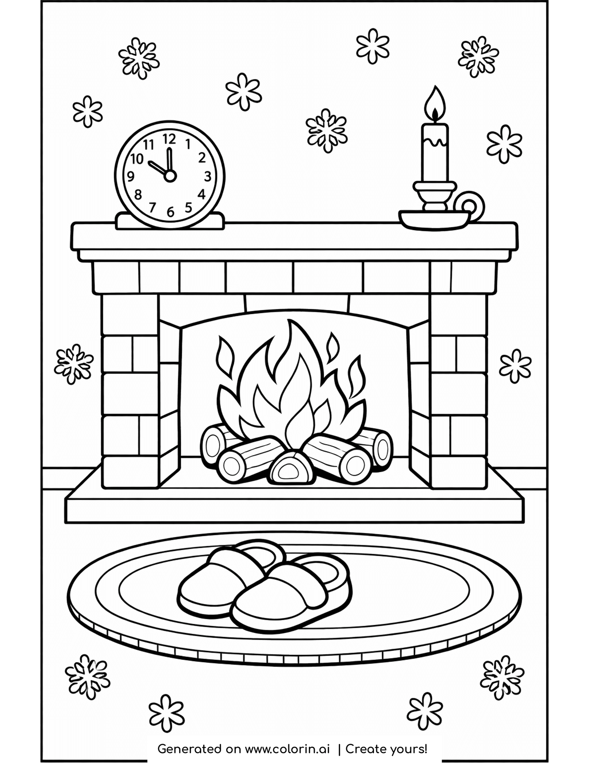 cozy winter coloring pages, brick fireplace with a clock, candle and slippers on a round rug