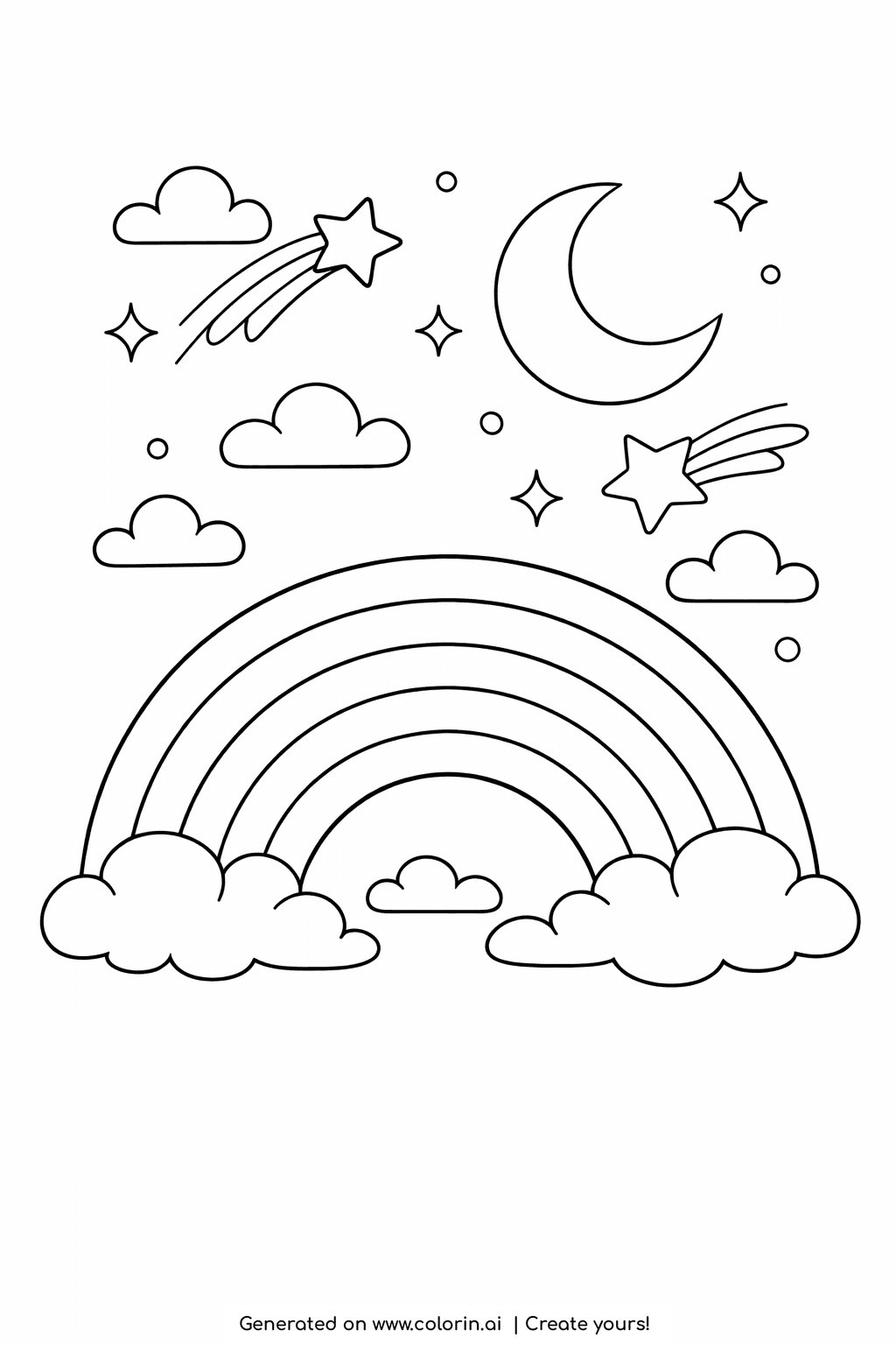 printable rainbow coloring pages, a rainbow across a night sky with a crescent moon and shooting stars streaking past clouds