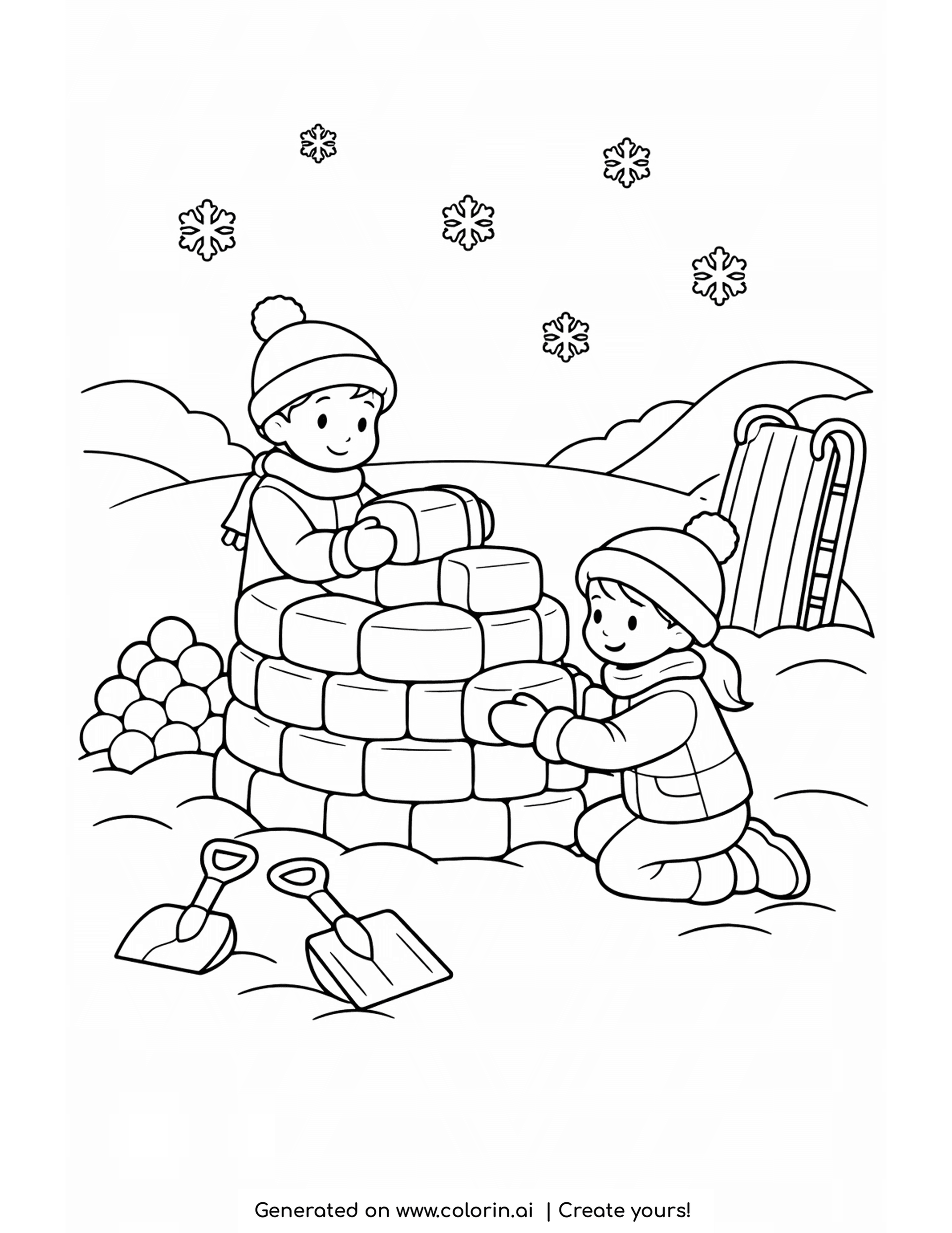 winter coloring pages for kids, two children stacking snow blocks into a fort with shovels