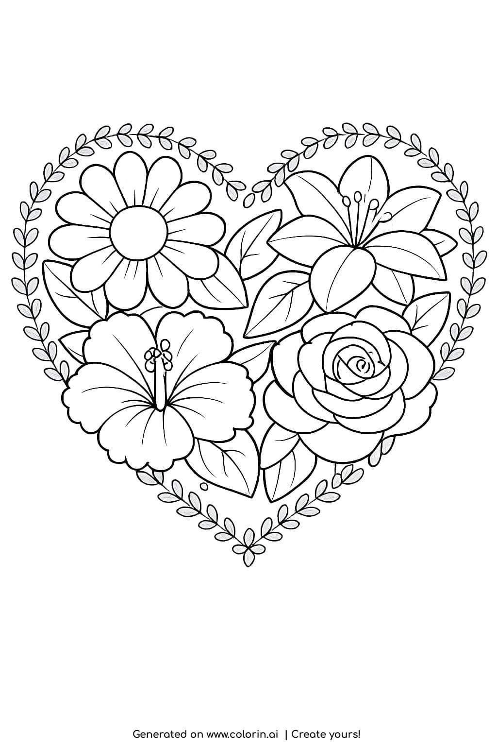 heart filled with flowers coloring page showing a floral heart with leaves and decorative border coloring page
