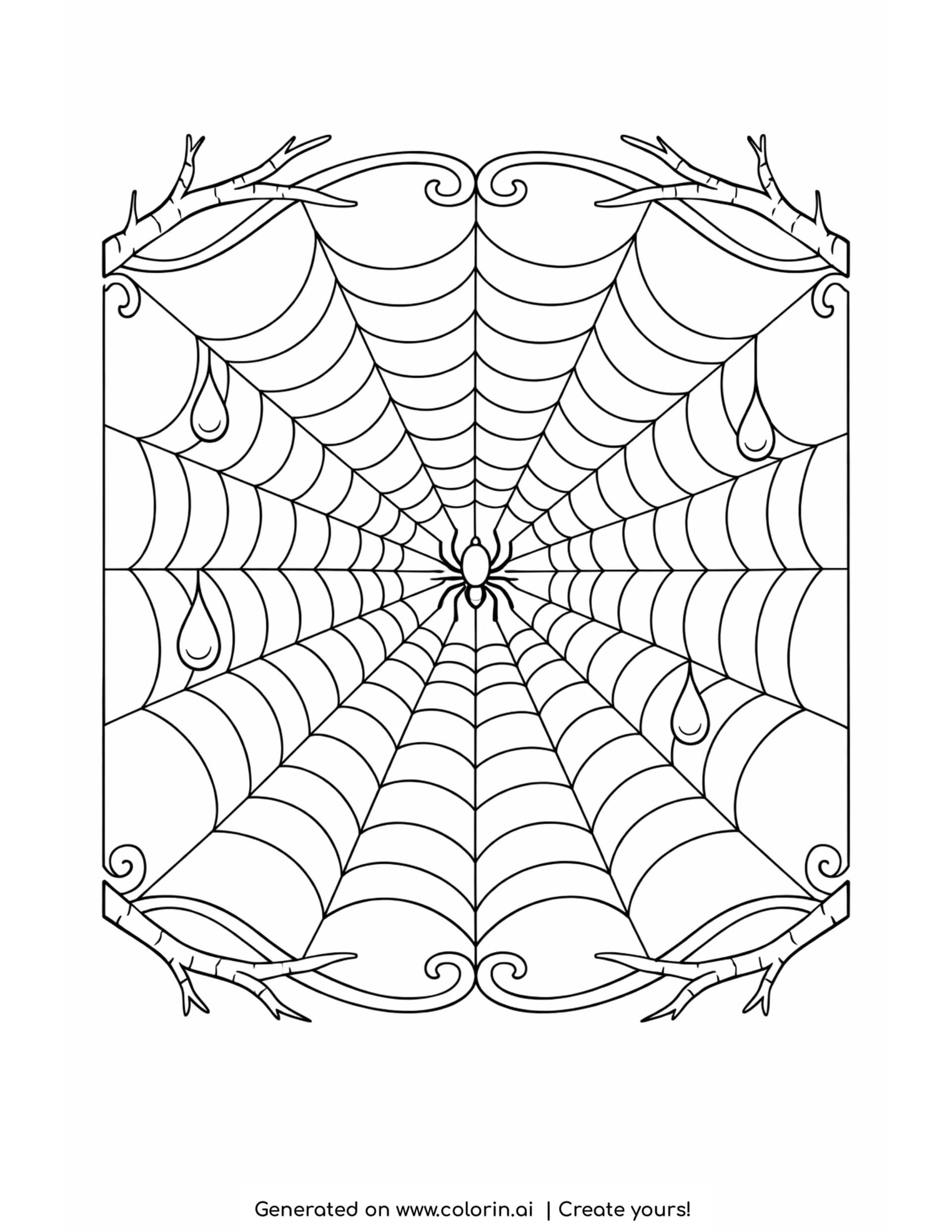 spider web coloring pages, a large symmetrical spider web between branches with dew drops and a small spider