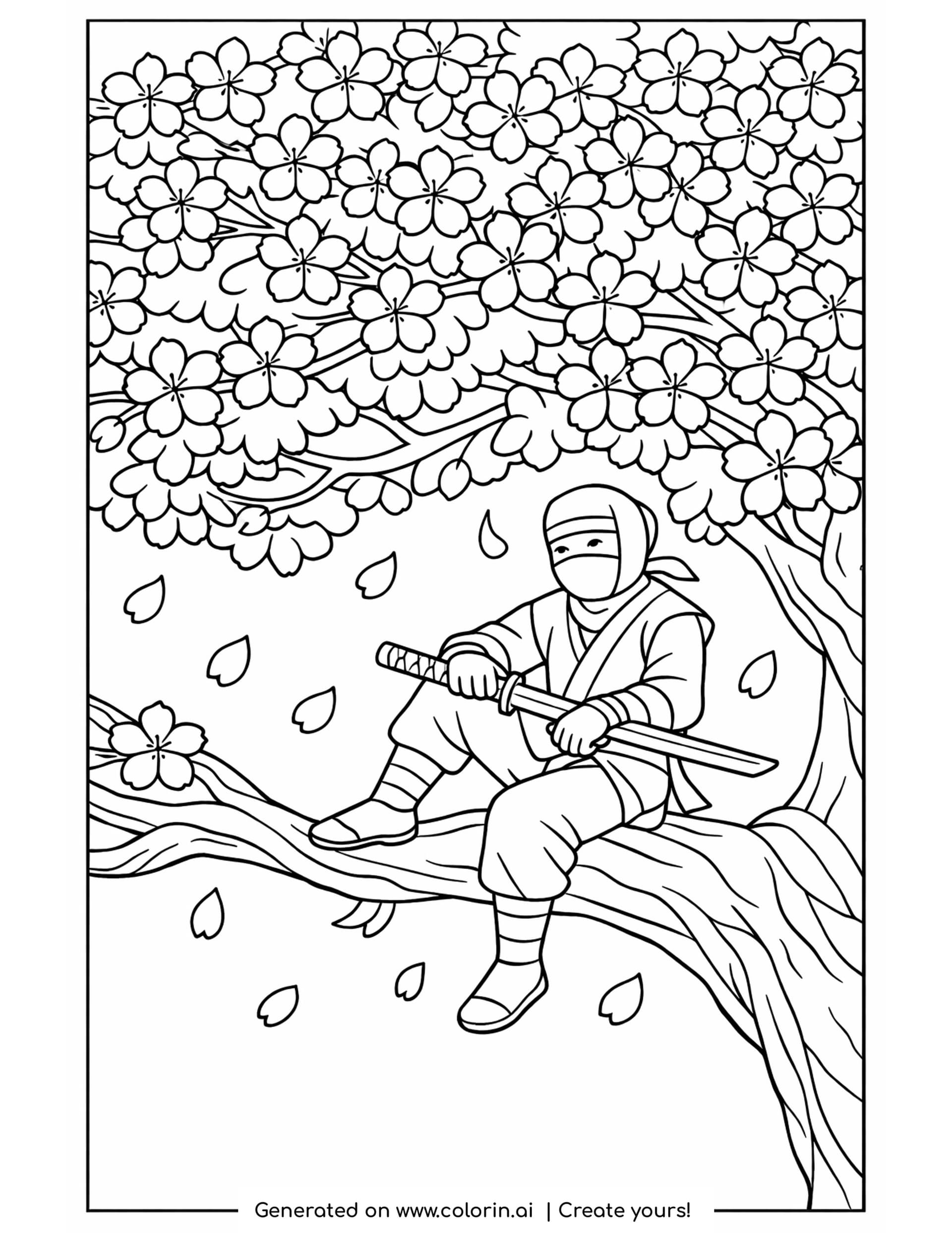 cherry blossom coloring pages - cherry tree in full bloom with falling petals and a ninja sitting on a branch