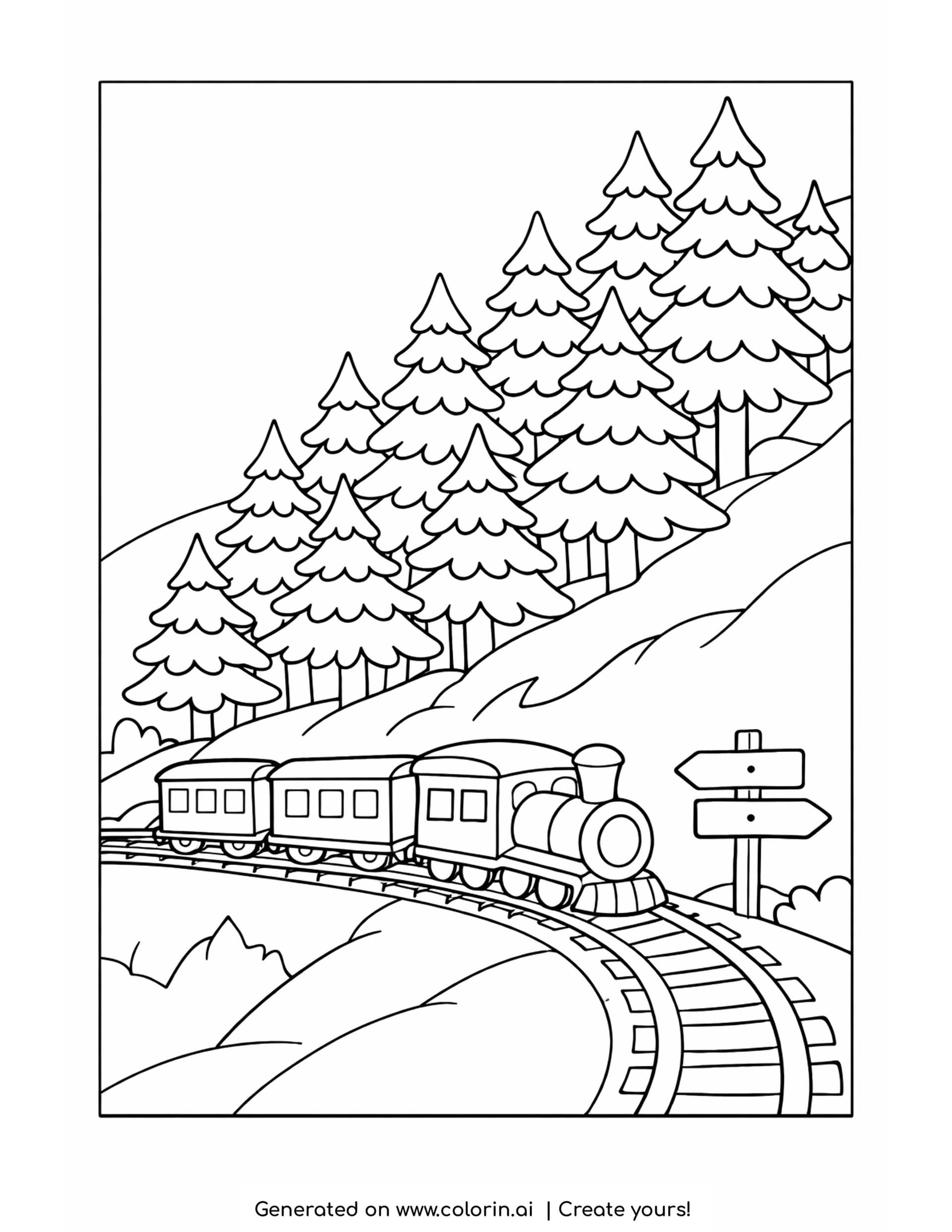 pine tree coloring pages: a stand of tall layered pines on a slope with a small train curving along the track below