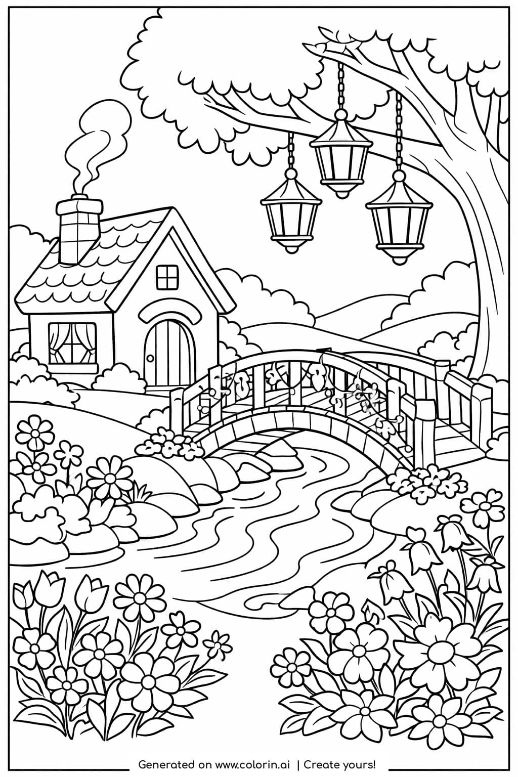 cottage by wooden bridge over stream coloring page with flowers and hanging lanterns