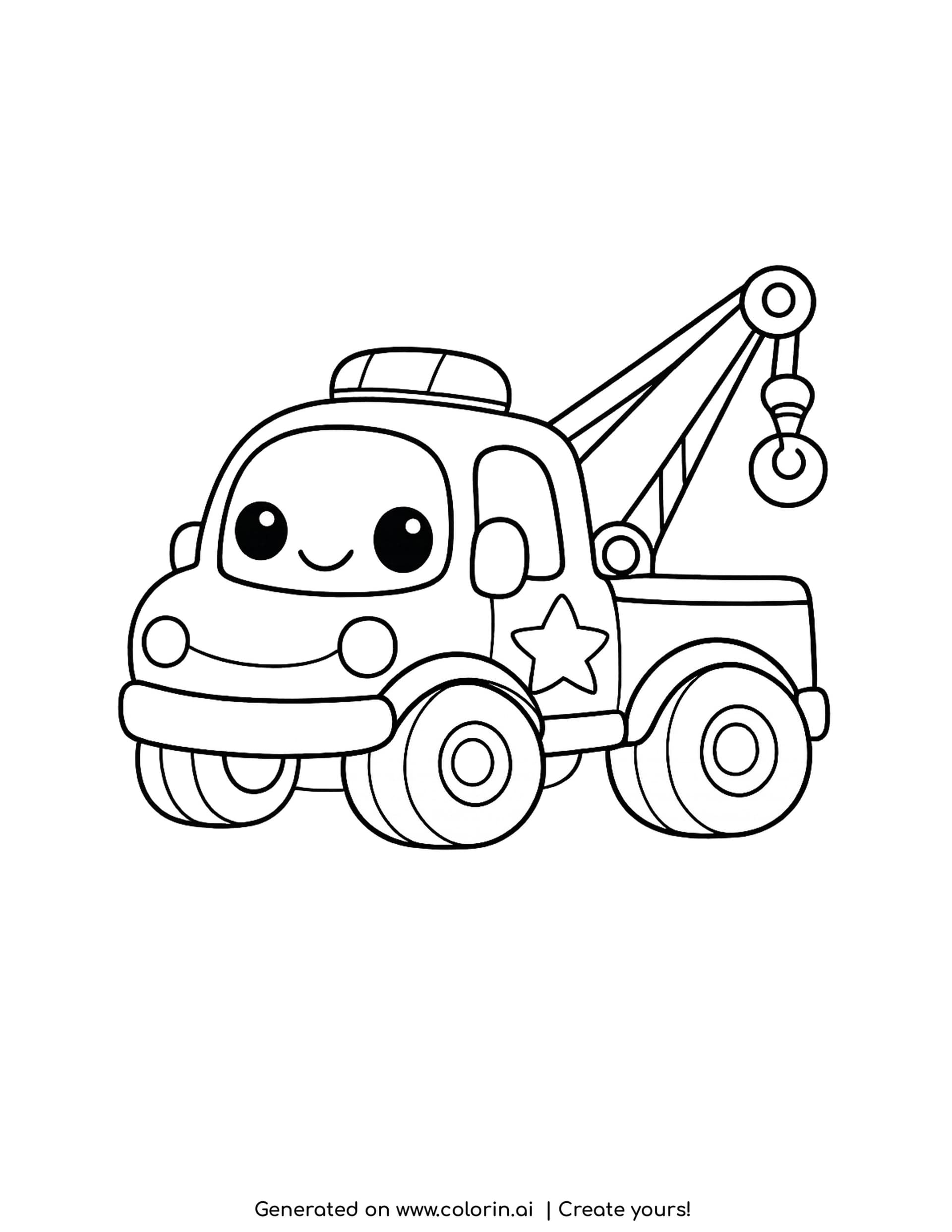 tow truck coloring page, a cute smiling tow truck with a beacon on the roof and a hook boom raised at the back
