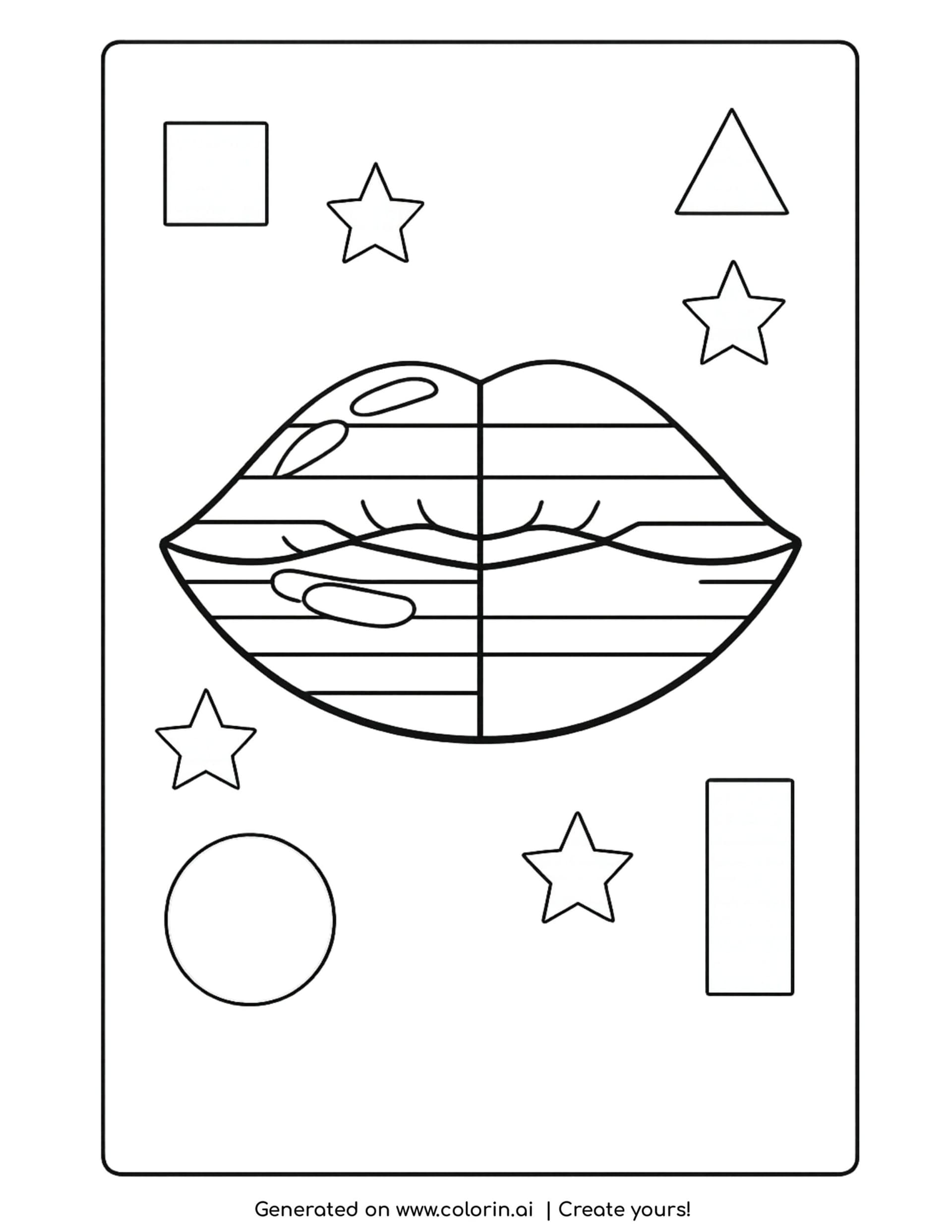 lips with glossy matte split and shapes coloring page with stars and geometric elements