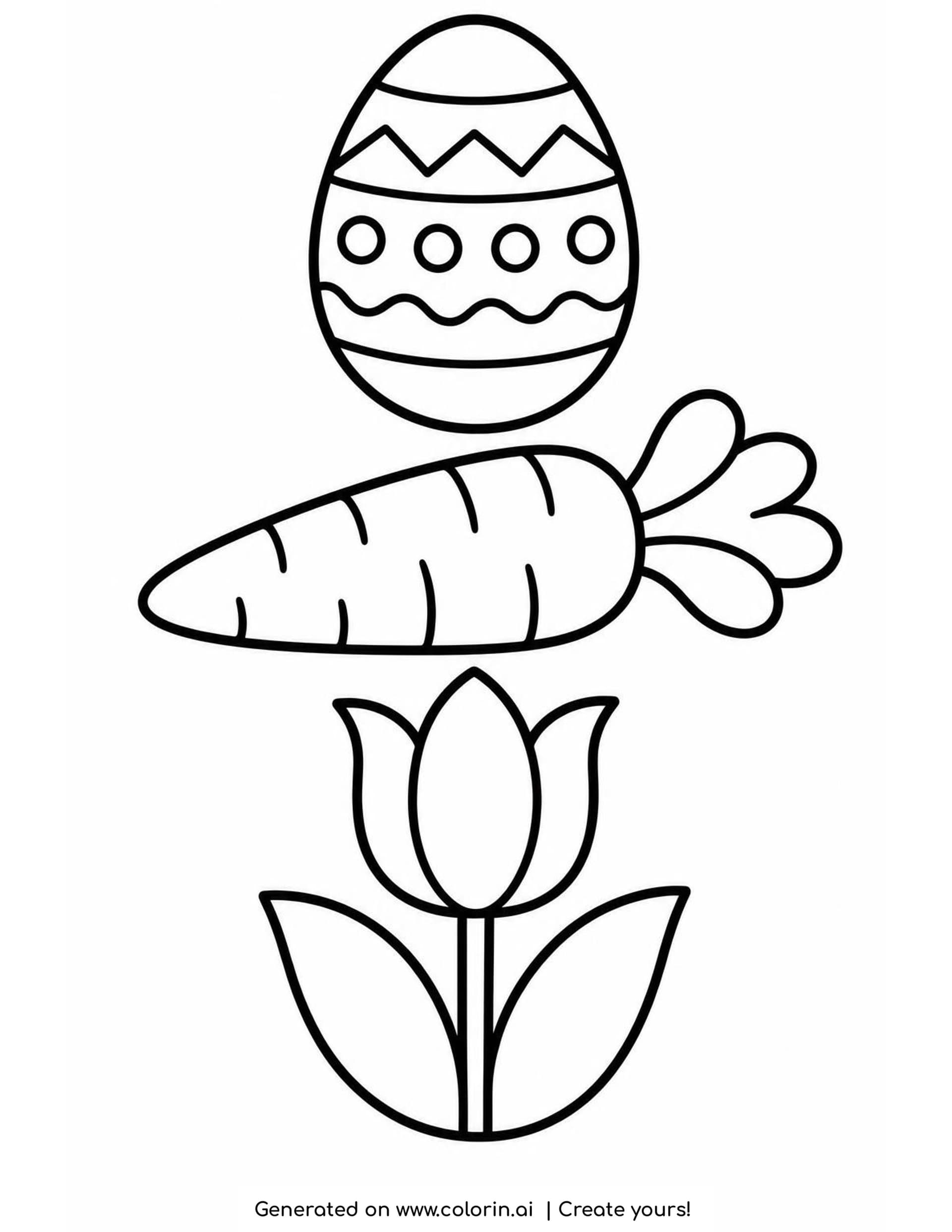 Easter coloring page for toddlers with a big egg with zigzag, dotted and wavy bands, a carrot and a tulip stacked in one column with very thick outlines