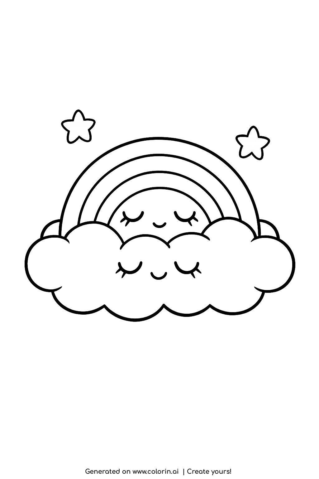 cute rainbow coloring pages, a rainbow with closed peaceful eyes tucked onto a big fluffy cloud, with a couple of tiny stars twinkling above