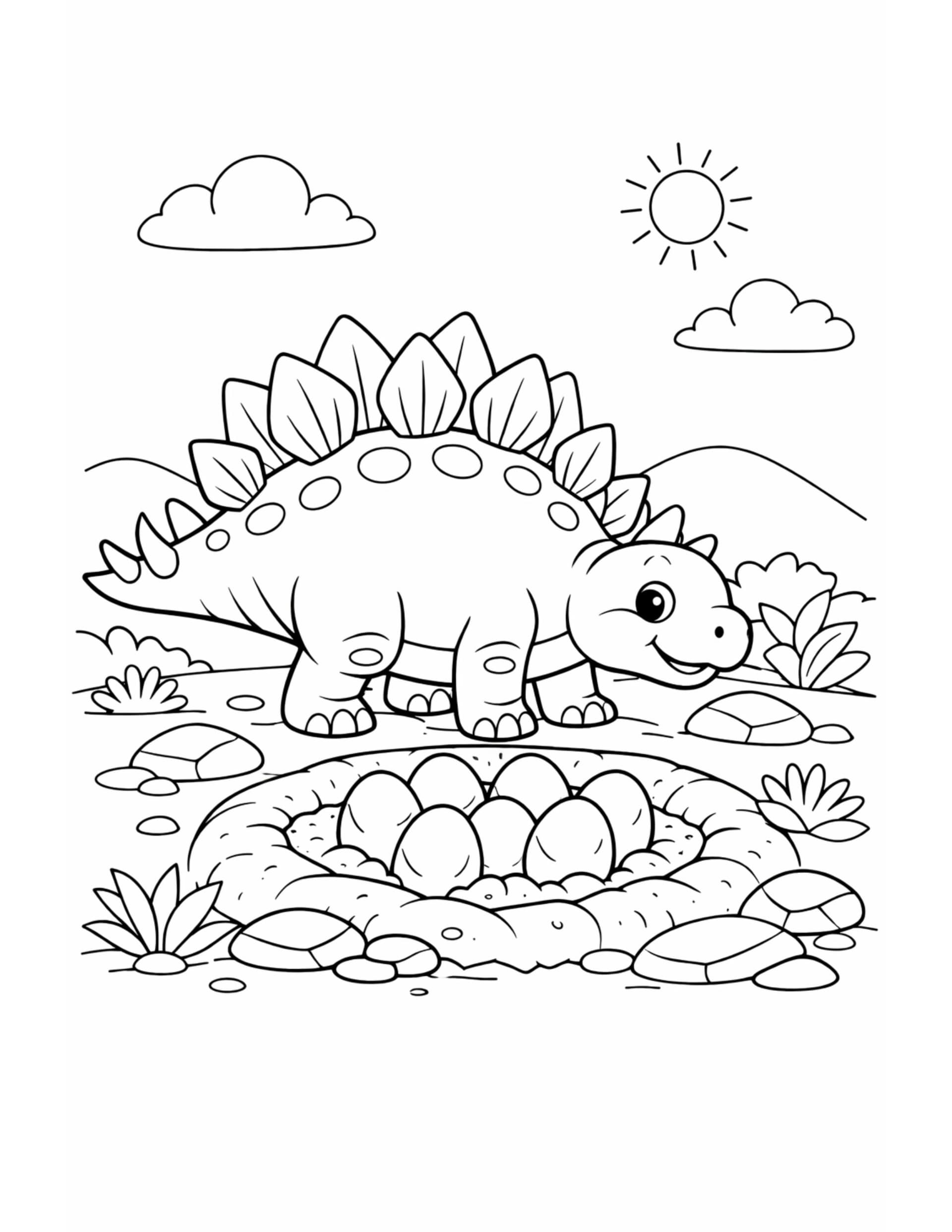 stegosaurus watching egg nest coloring page featuring a smiling stegosaurus beside a round nest of eggs coloring page