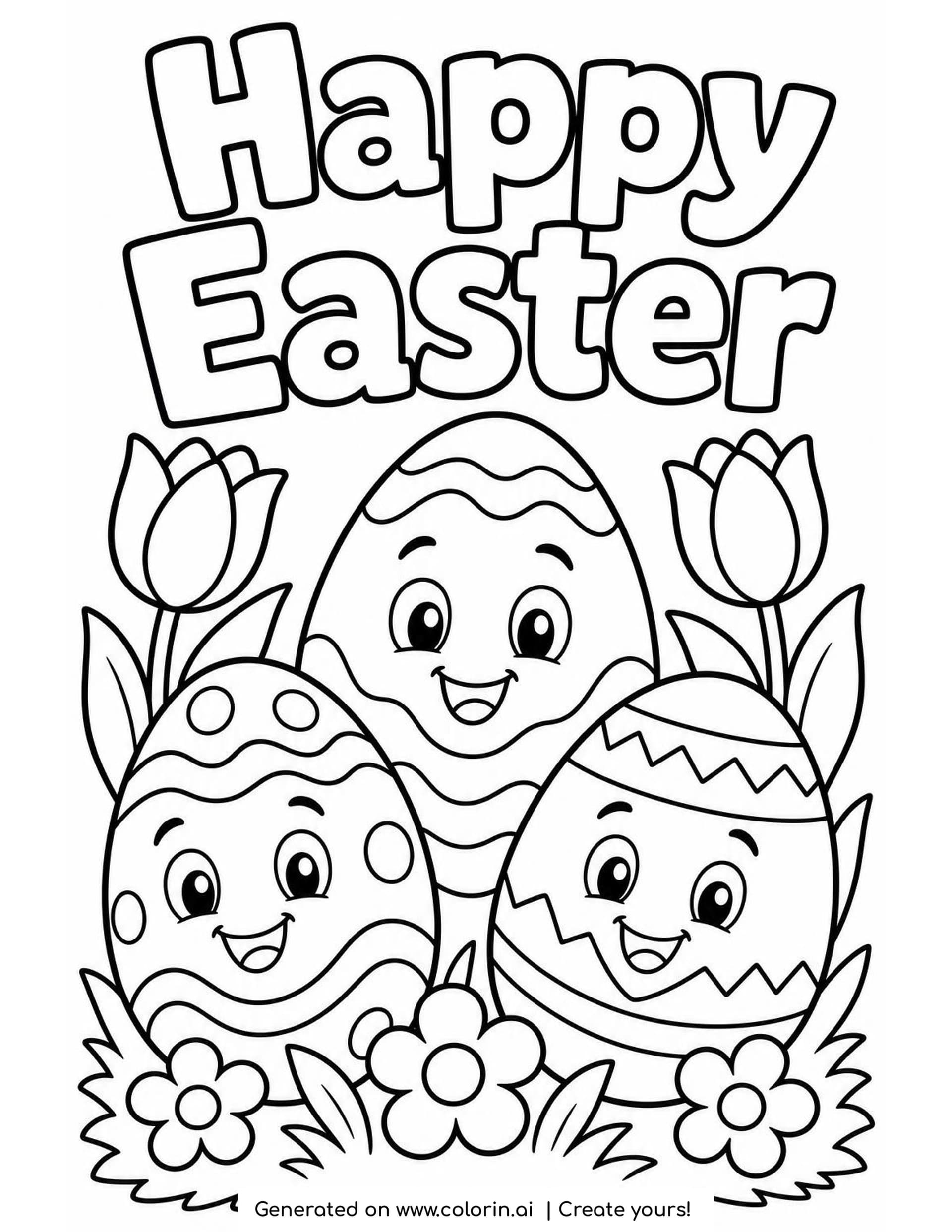 Easter card coloring page with Happy Easter in big outlined letters above three smiling decorated eggs, two tulips and spring flowers in the grass