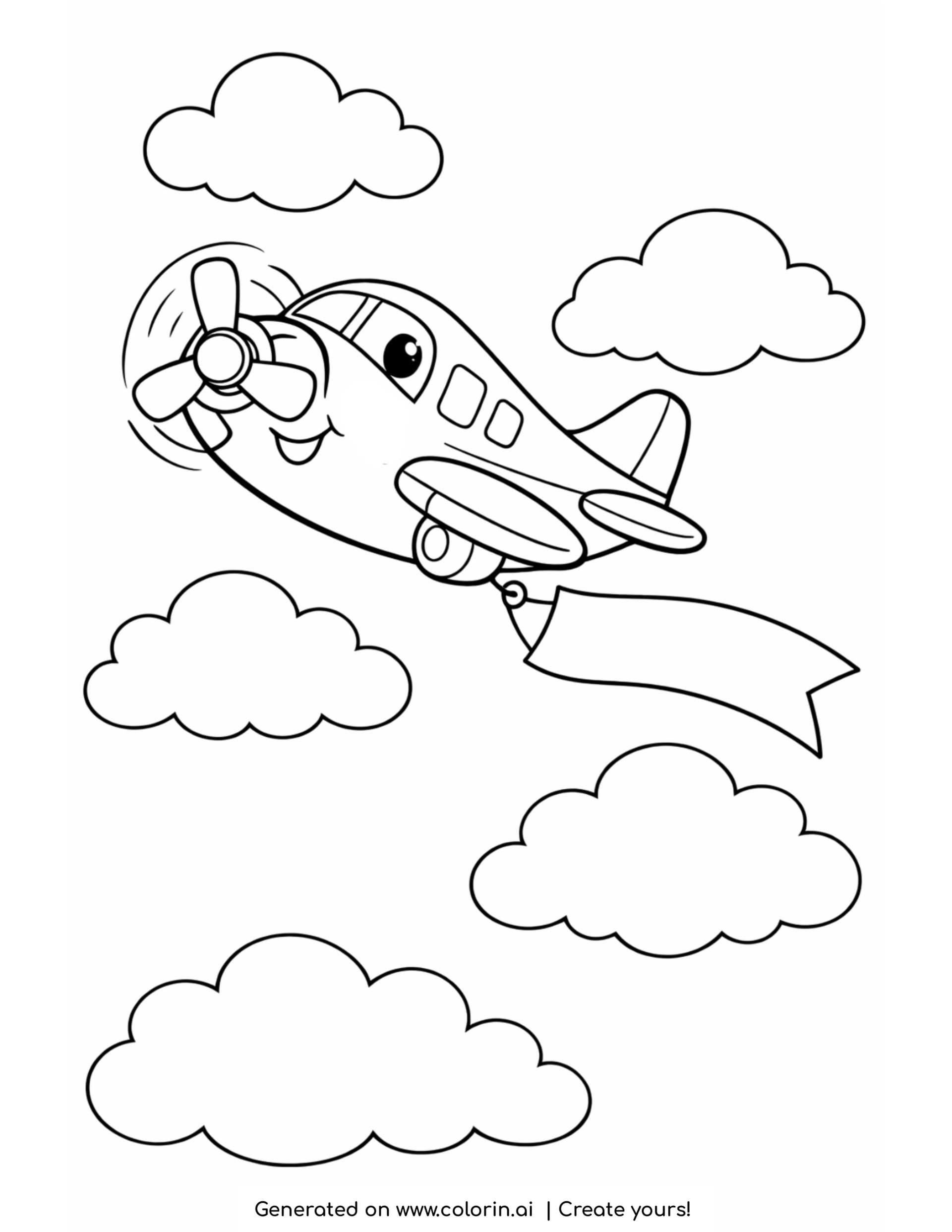 cute airplane coloring page — smiling propeller plane climbing through five clouds with a blank banner
