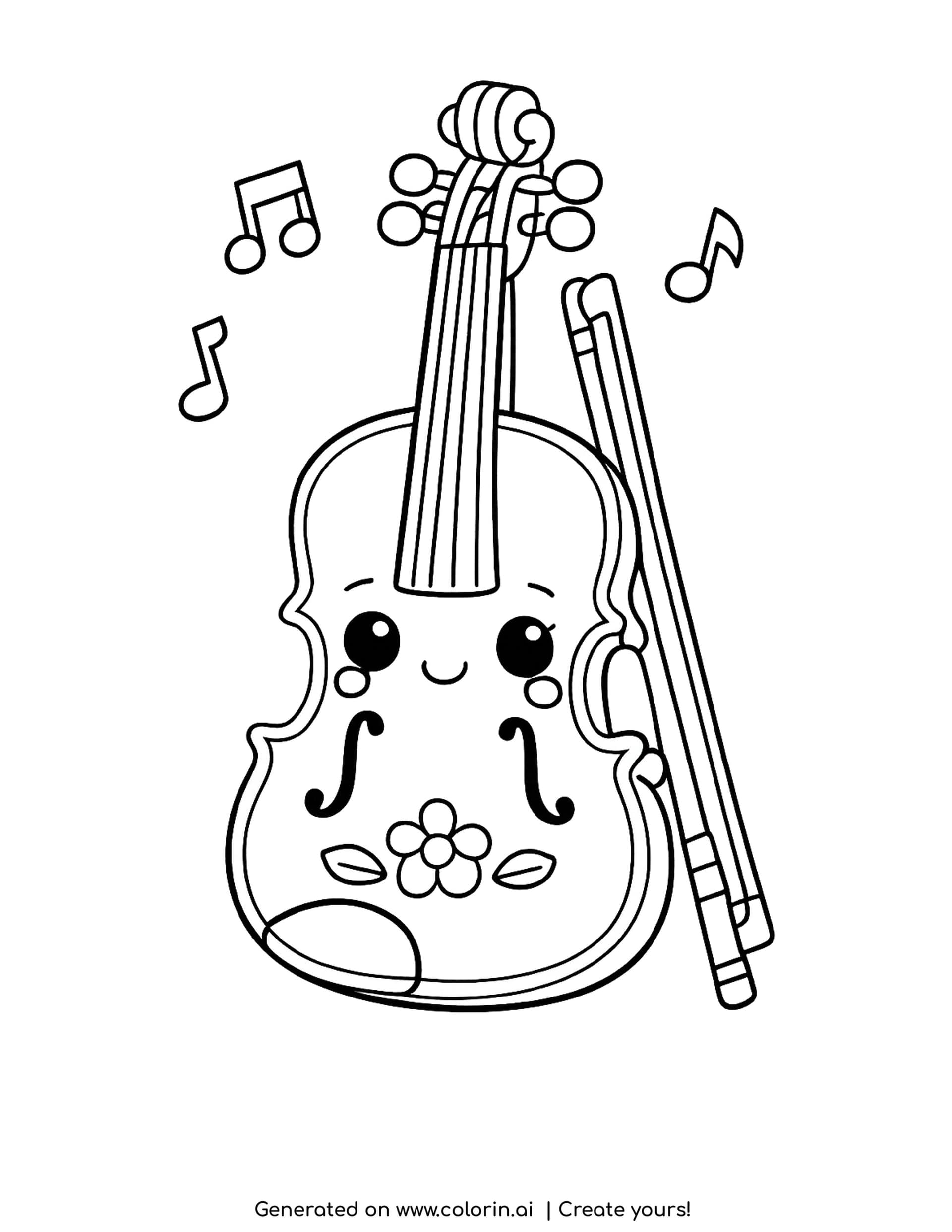 violin coloring pages - cute smiling violin standing upright with a flower and its bow leaning beside it