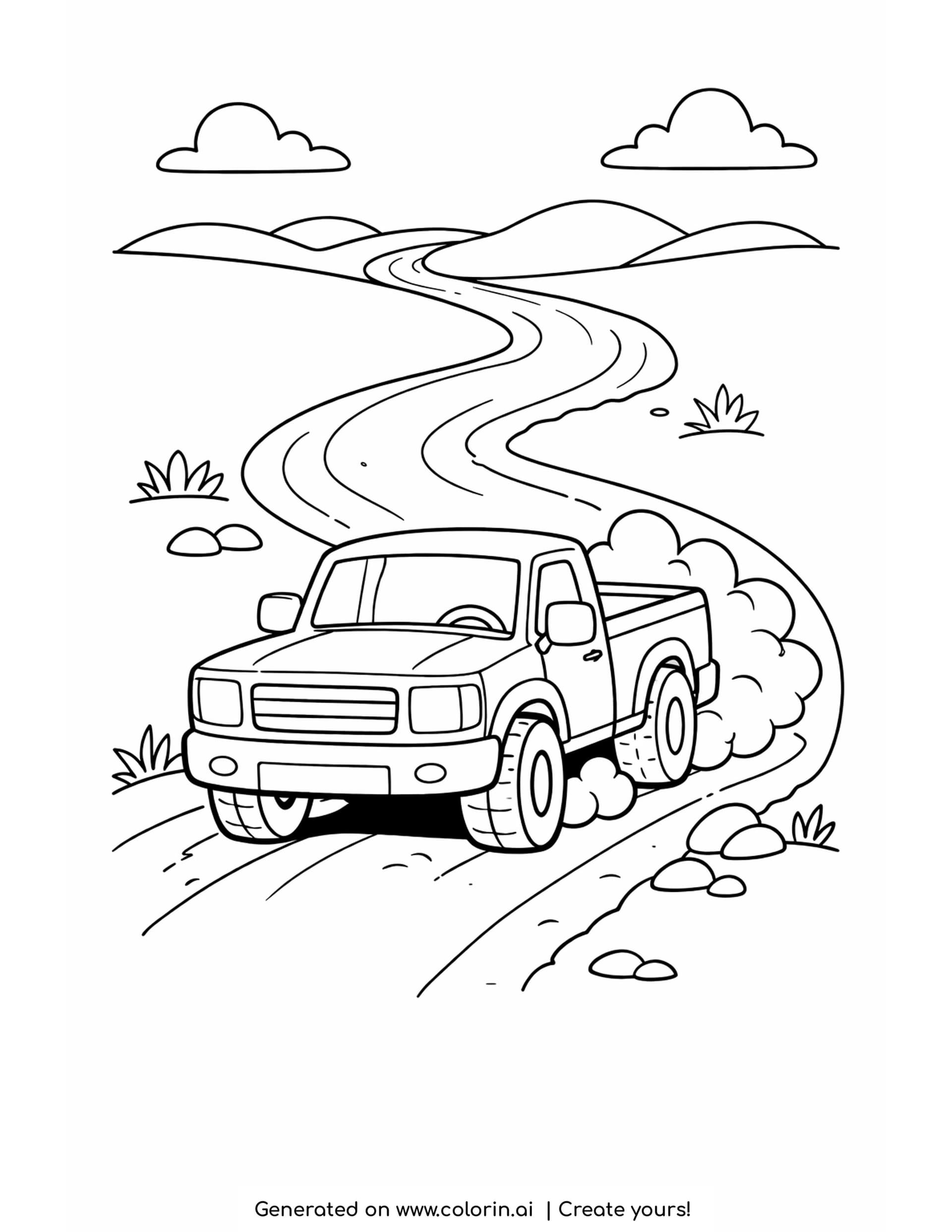 pickup truck coloring pages: a pickup truck driving toward the viewer on a winding dirt road with dust