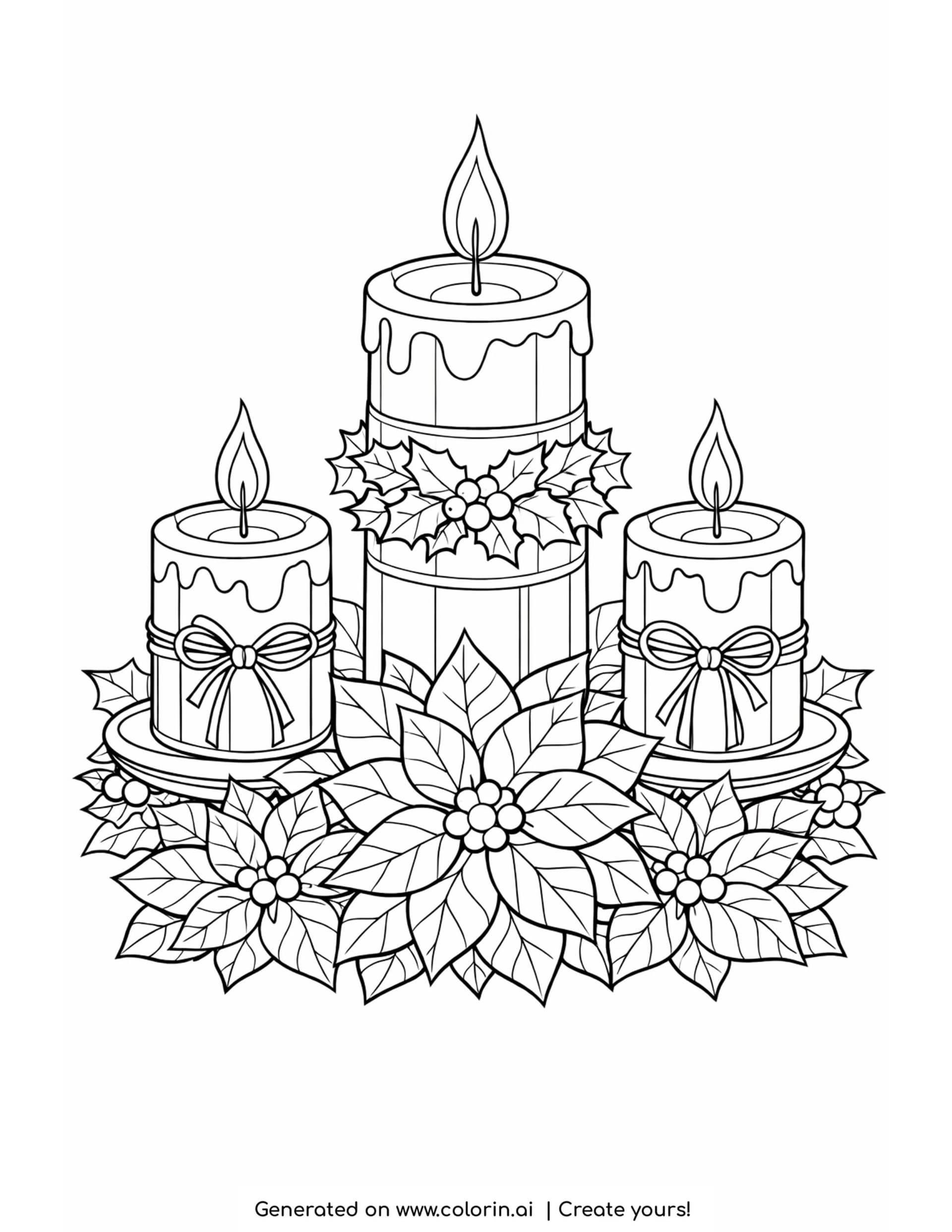 christmas adult coloring pages, an intricate centerpiece of three candles with poinsettias, holly, and bows