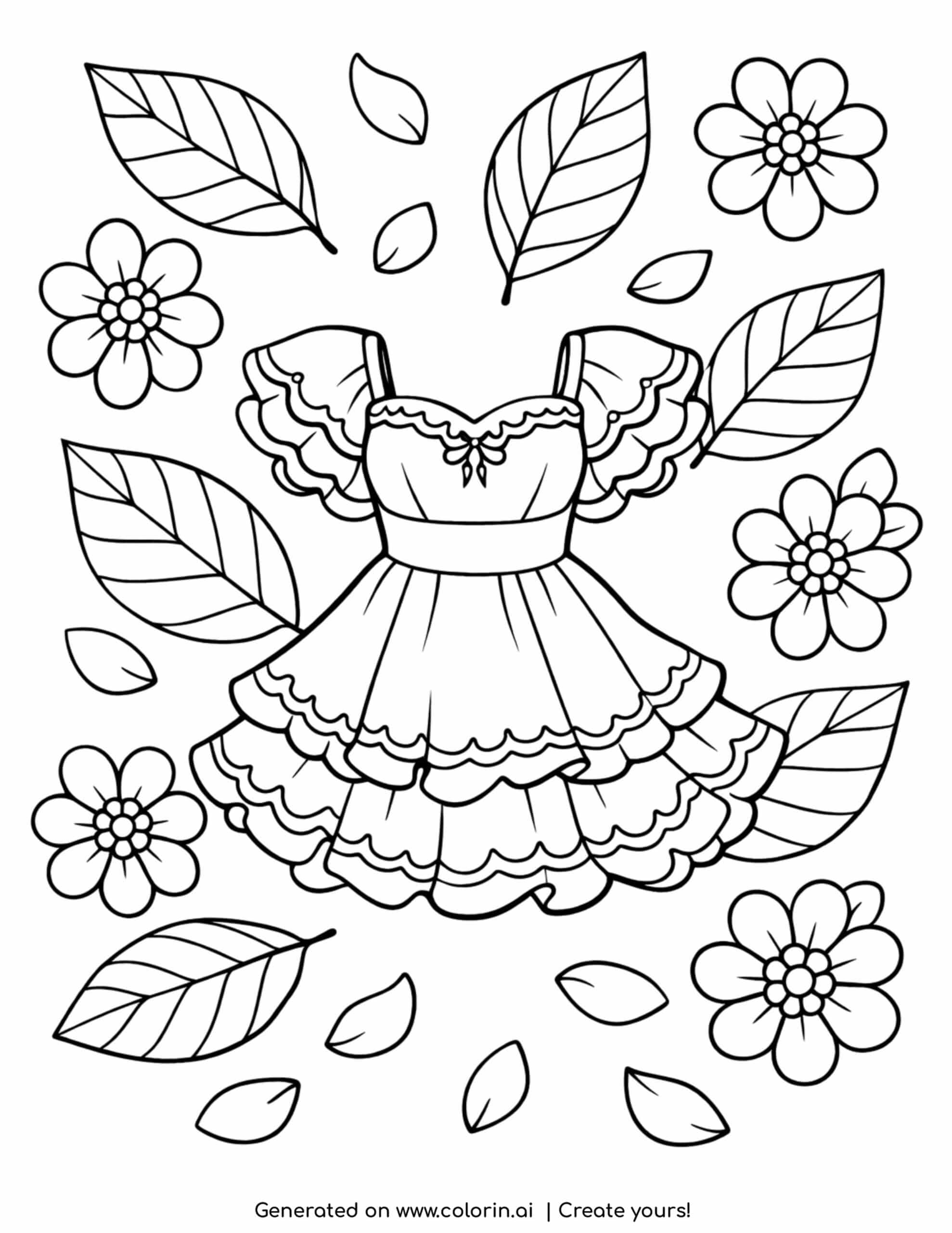ruffled dress surrounded by flowers and falling leaves coloring page