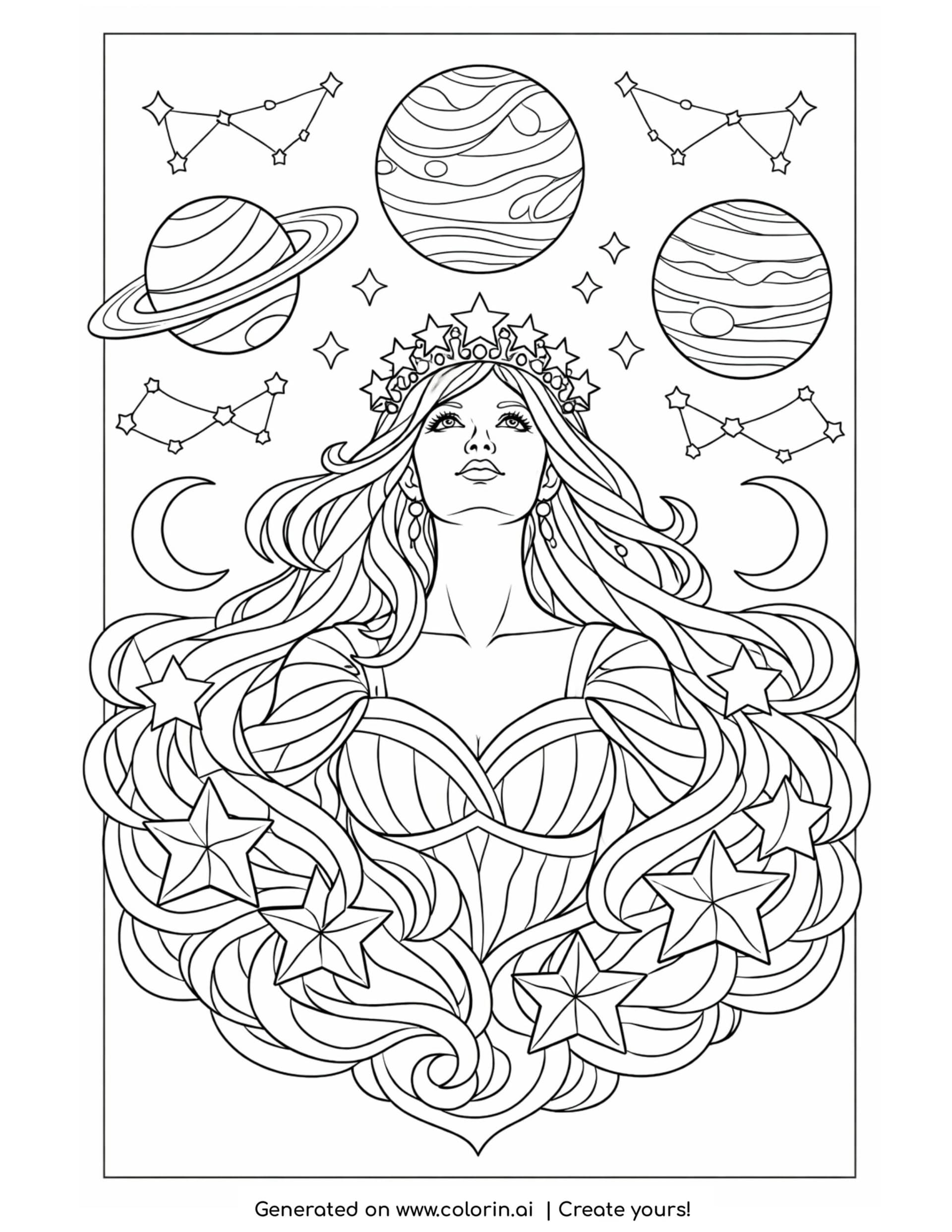 celestial goddess among planets coloring page with constellations and stars